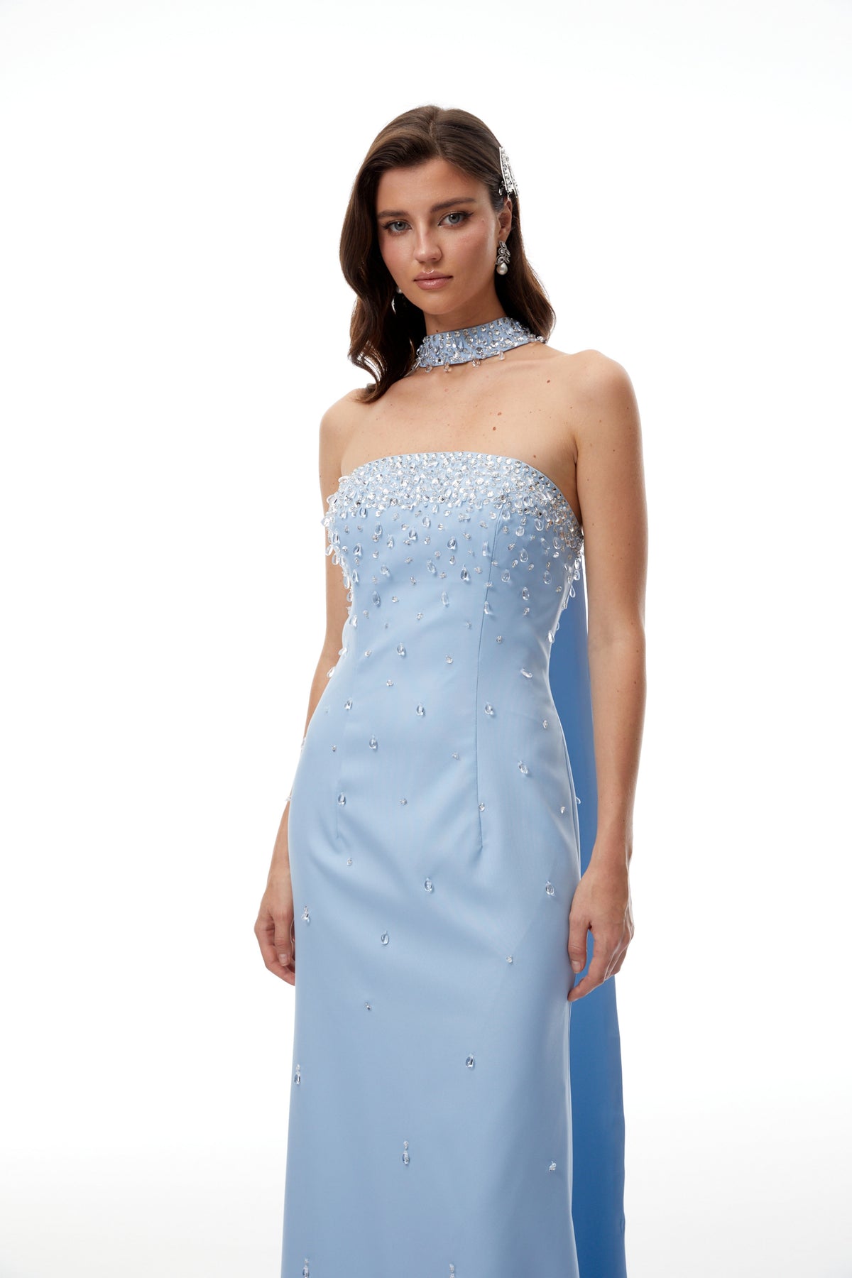 Arianna Blue Scarf Detail Embellished Maxi Gown