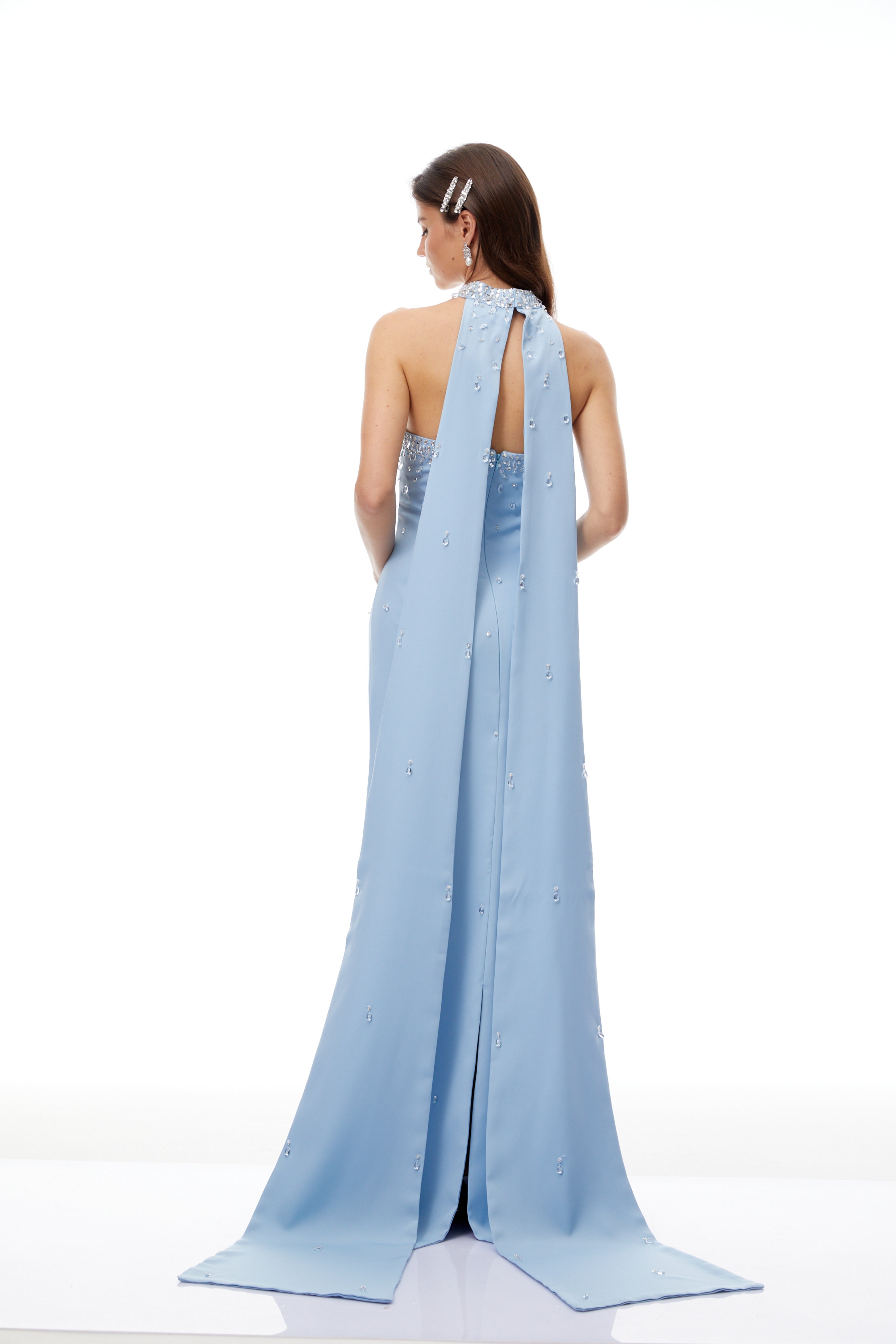 Arianna Blue Scarf Detail Embellished Maxi Gown
