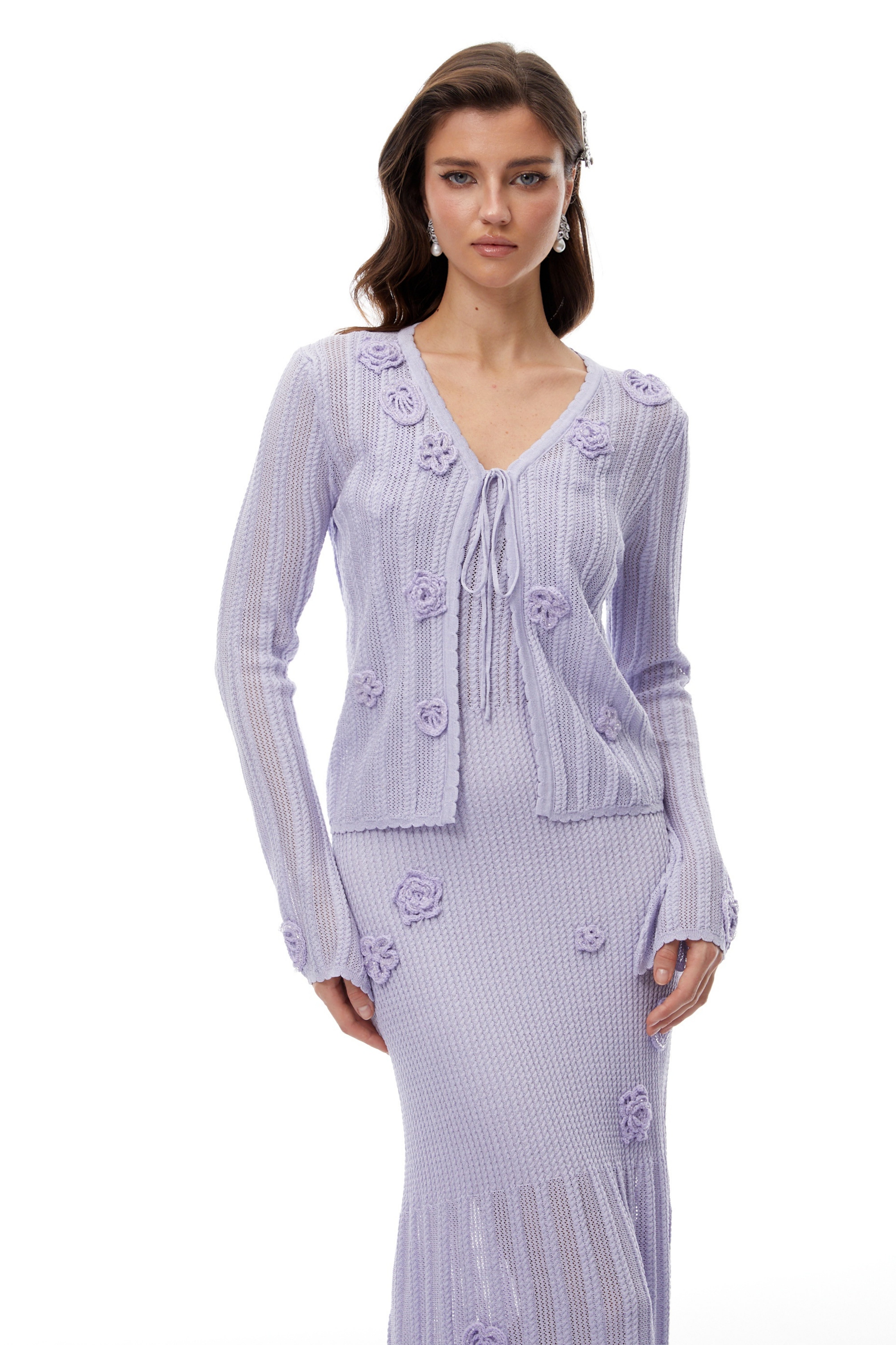 Graca Lavender Floral Ribbed Knit Cardigan & Dress Set