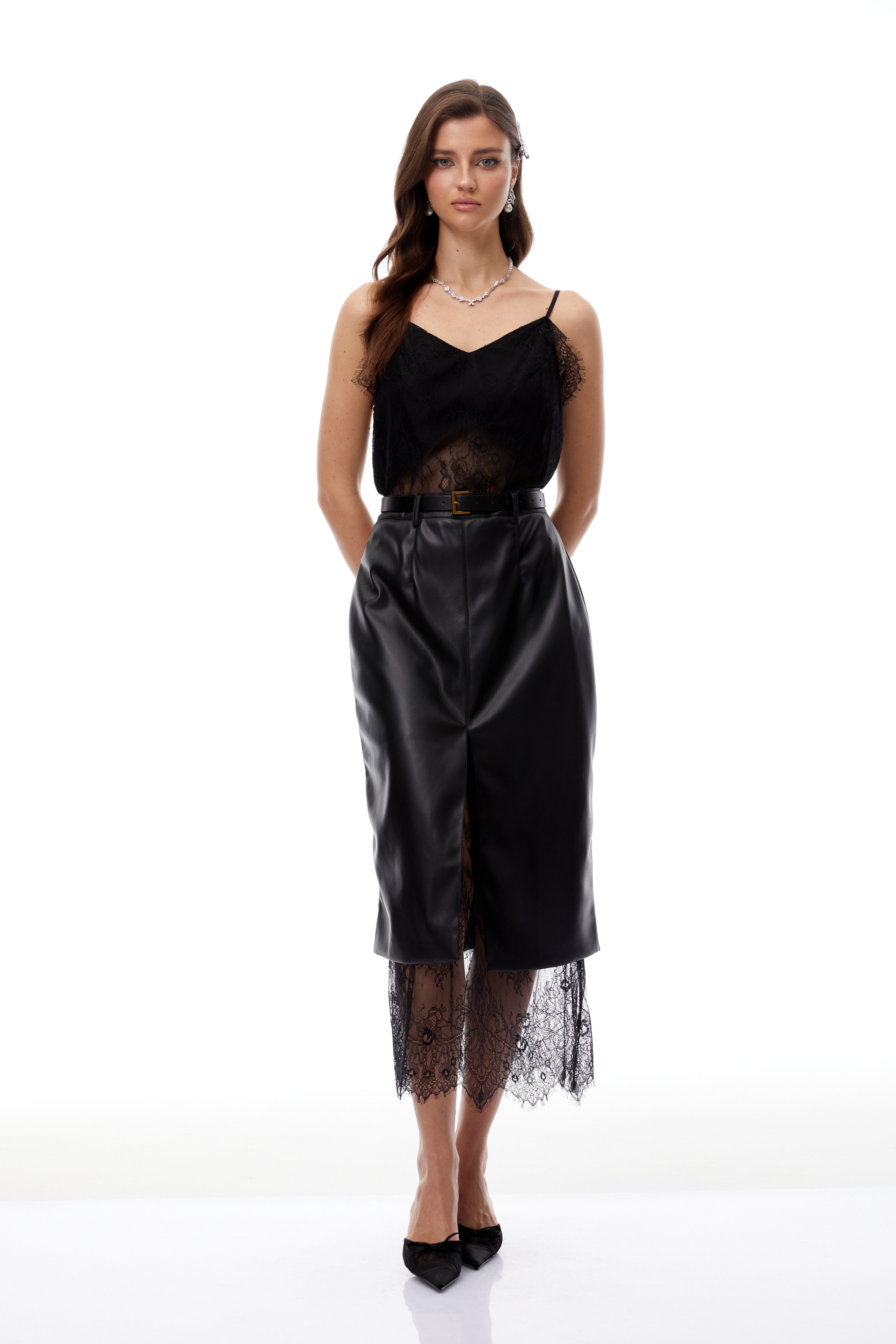 Debby Black Leather Panel Lace Midi Dress (Final Sale-US Only)