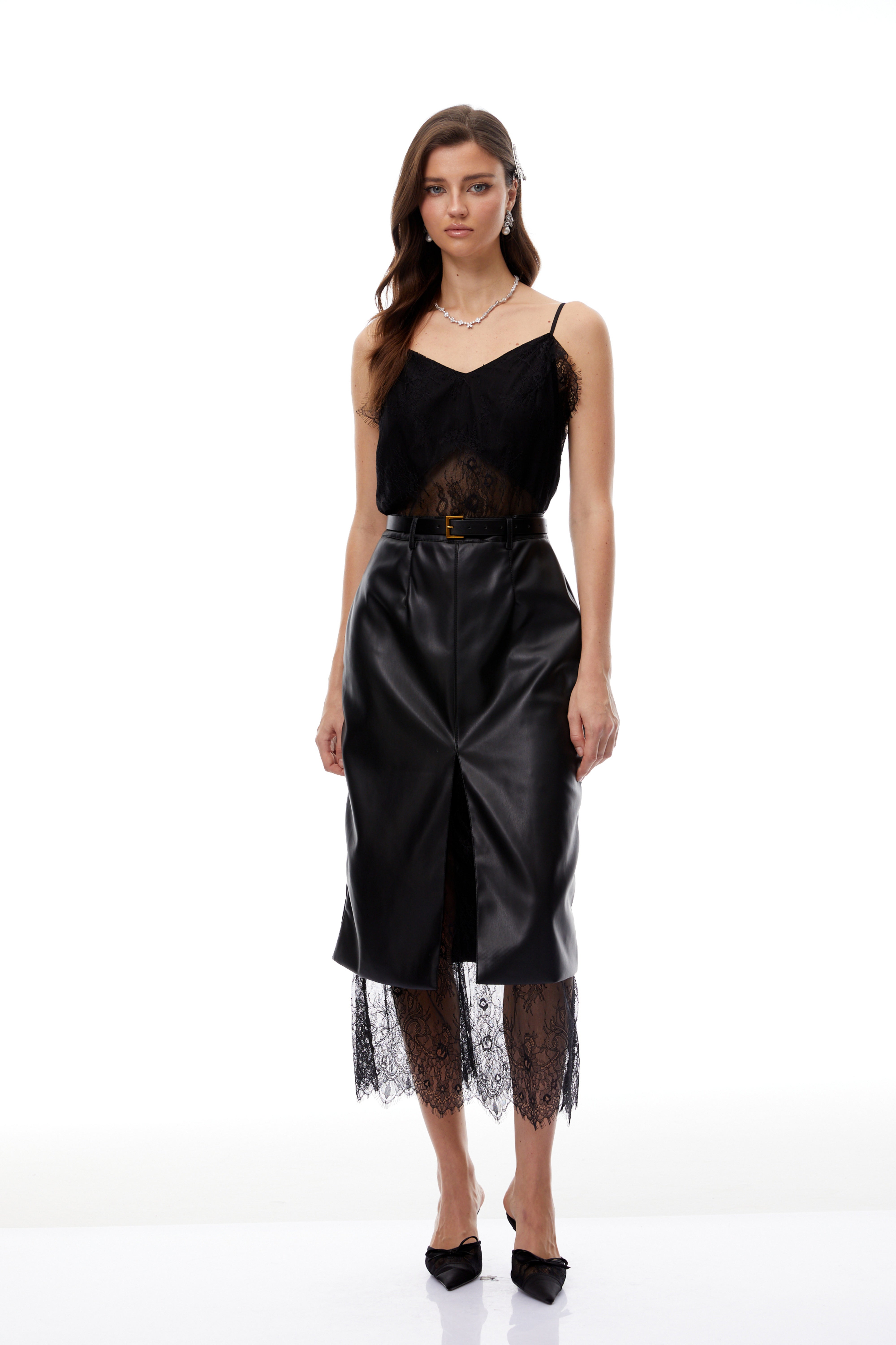 Debby Black Leather Panel Lace Midi Dress (Final Sale-US Only)