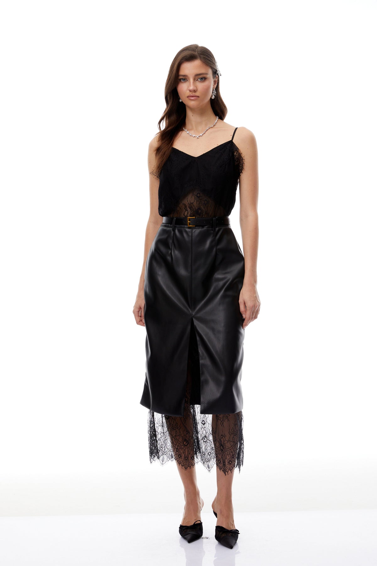 Debby Black Leather Panel Lace Midi Dress (Final Sale-US Only)