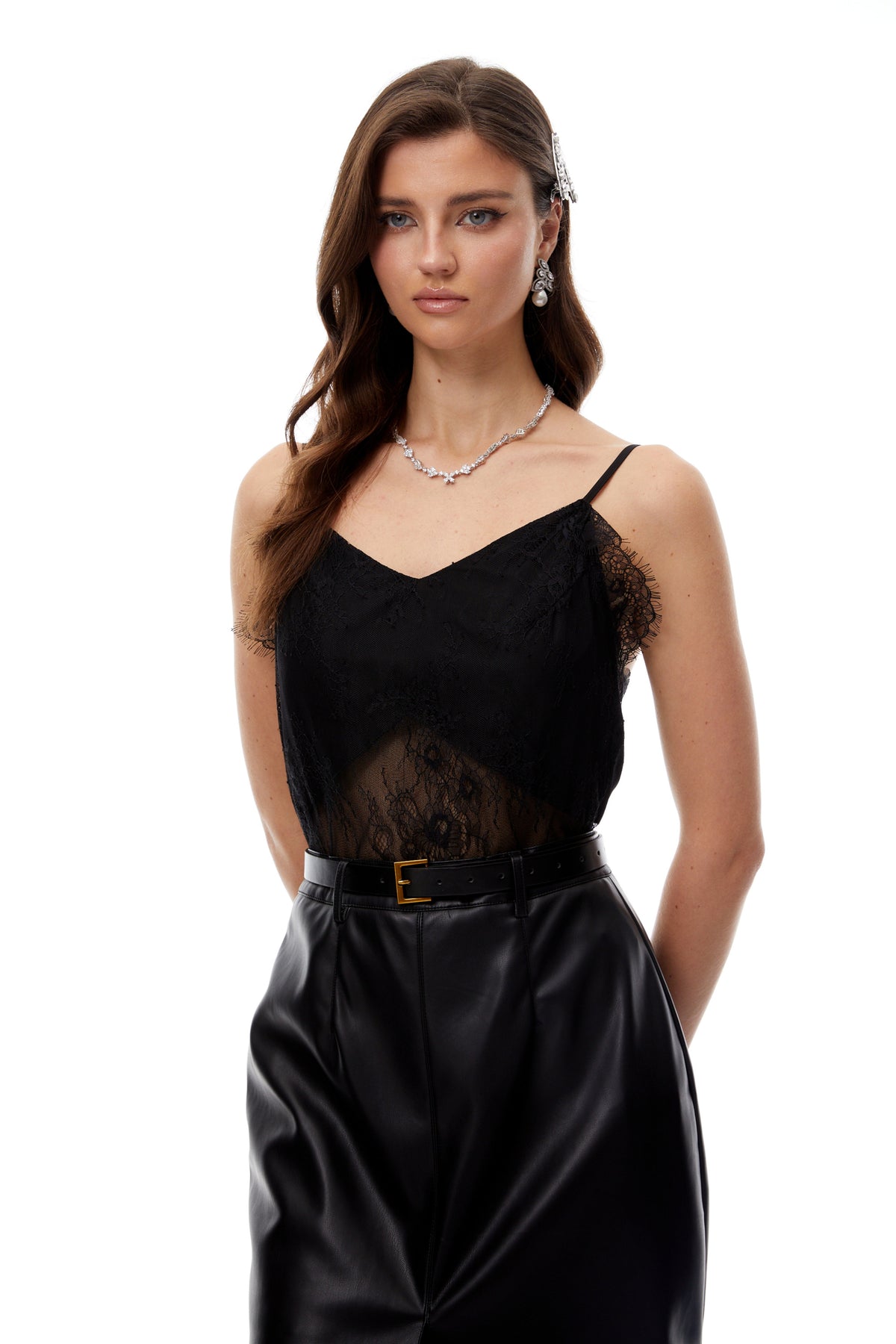 Debby Black Leather Panel Lace Midi Dress