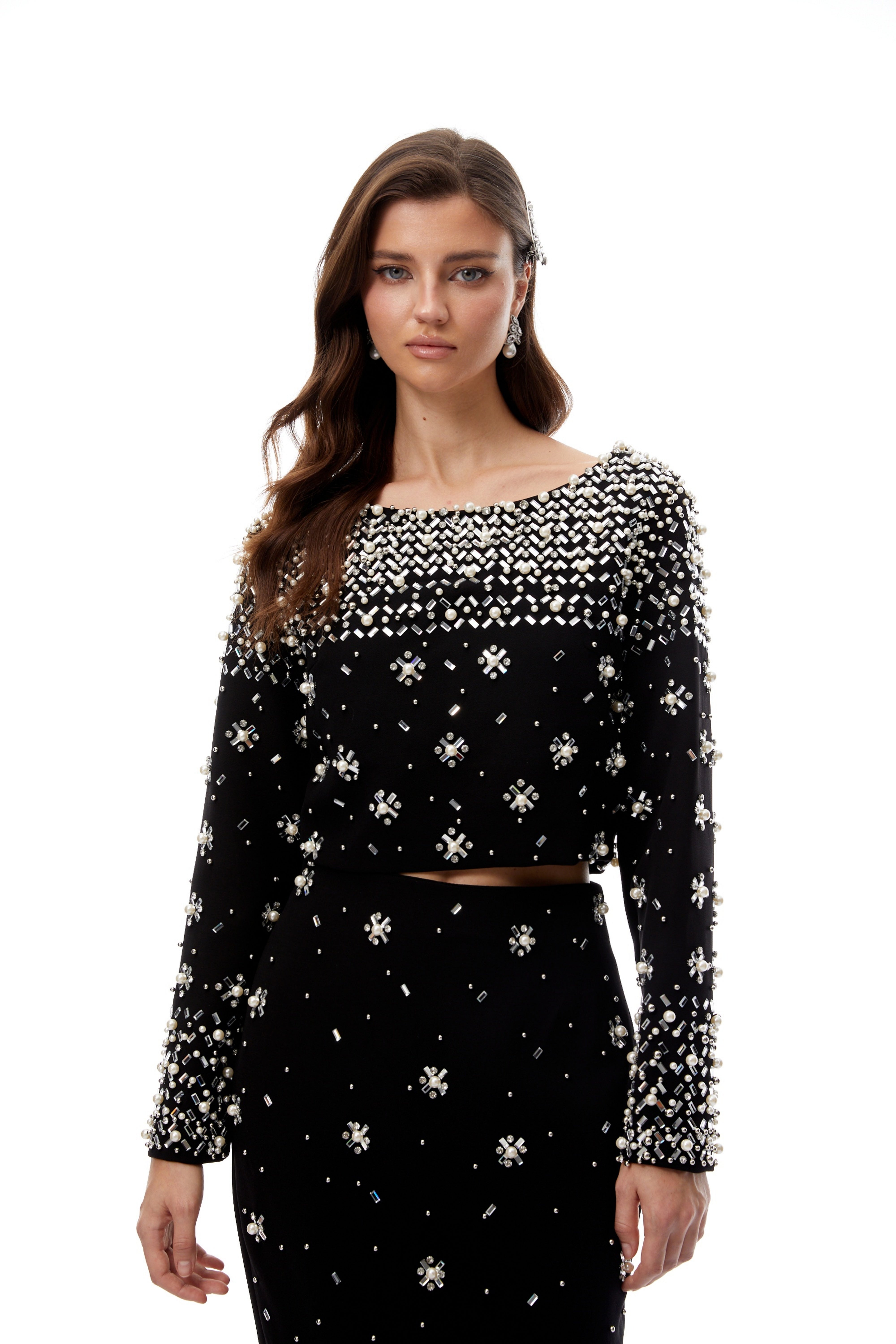 Denise Black Fully Embellished Blouse & Skirt Set