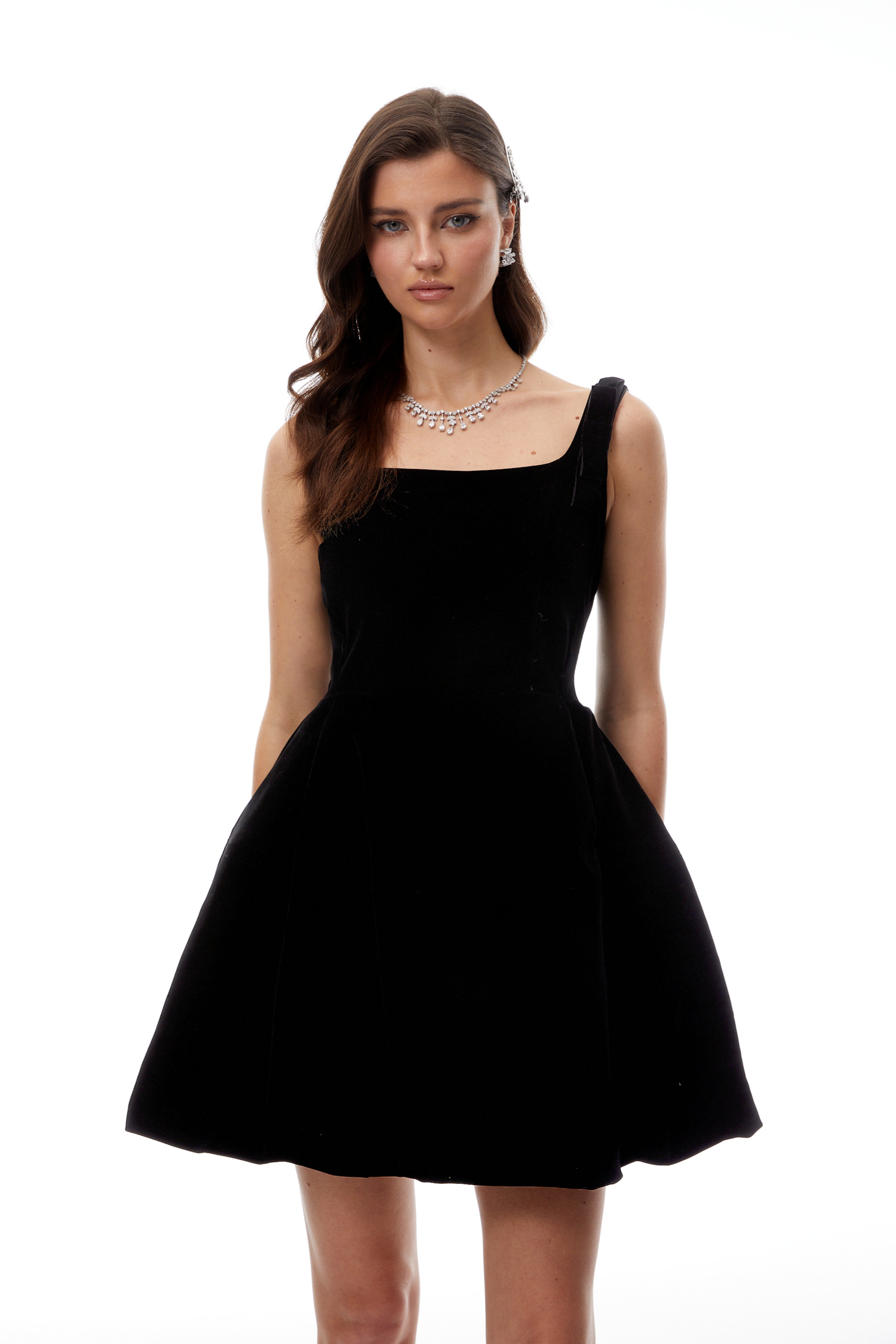 Selma Black Square Neck Velvet Mini Dress