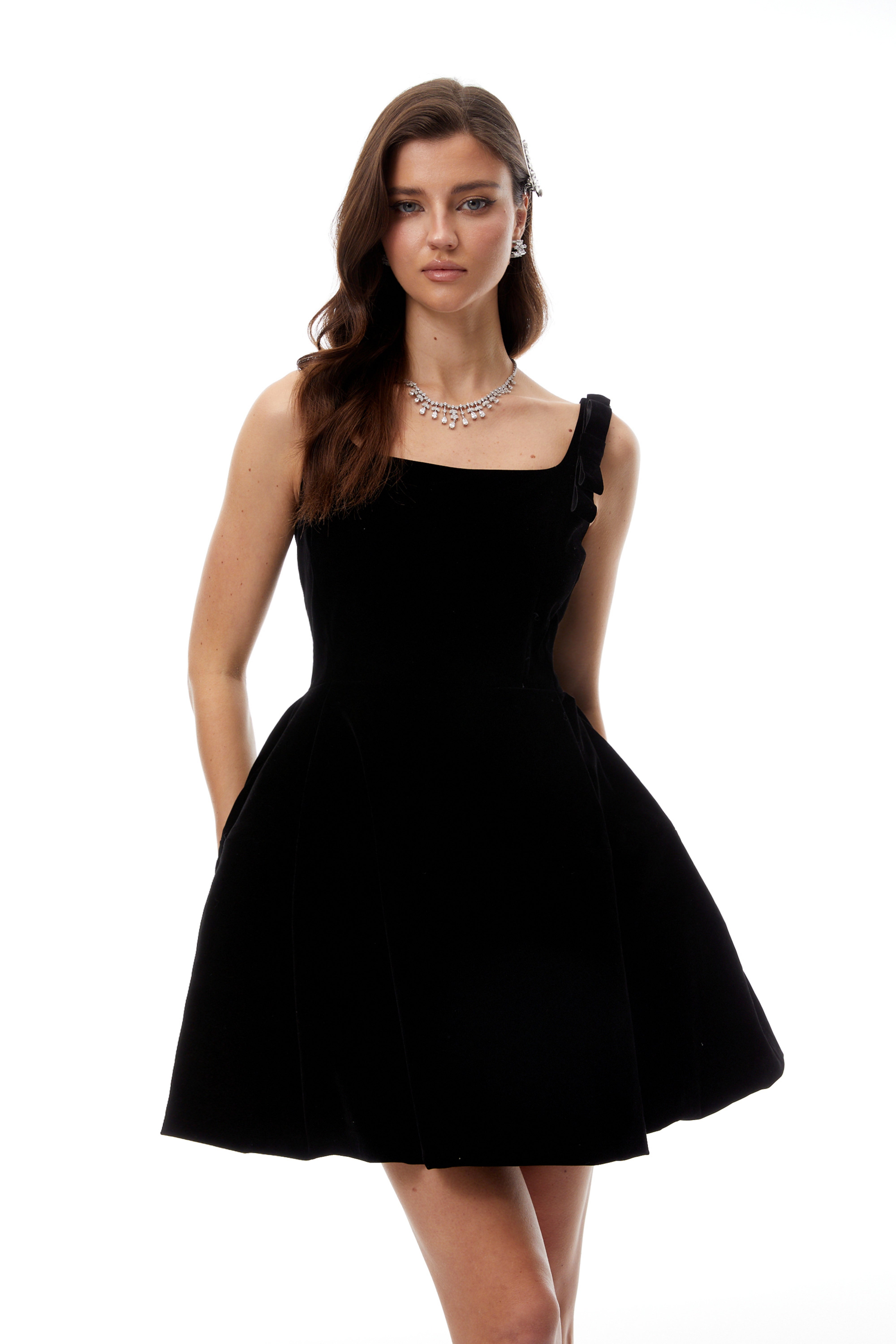 Selma Black Square Neck Velvet Mini Dress