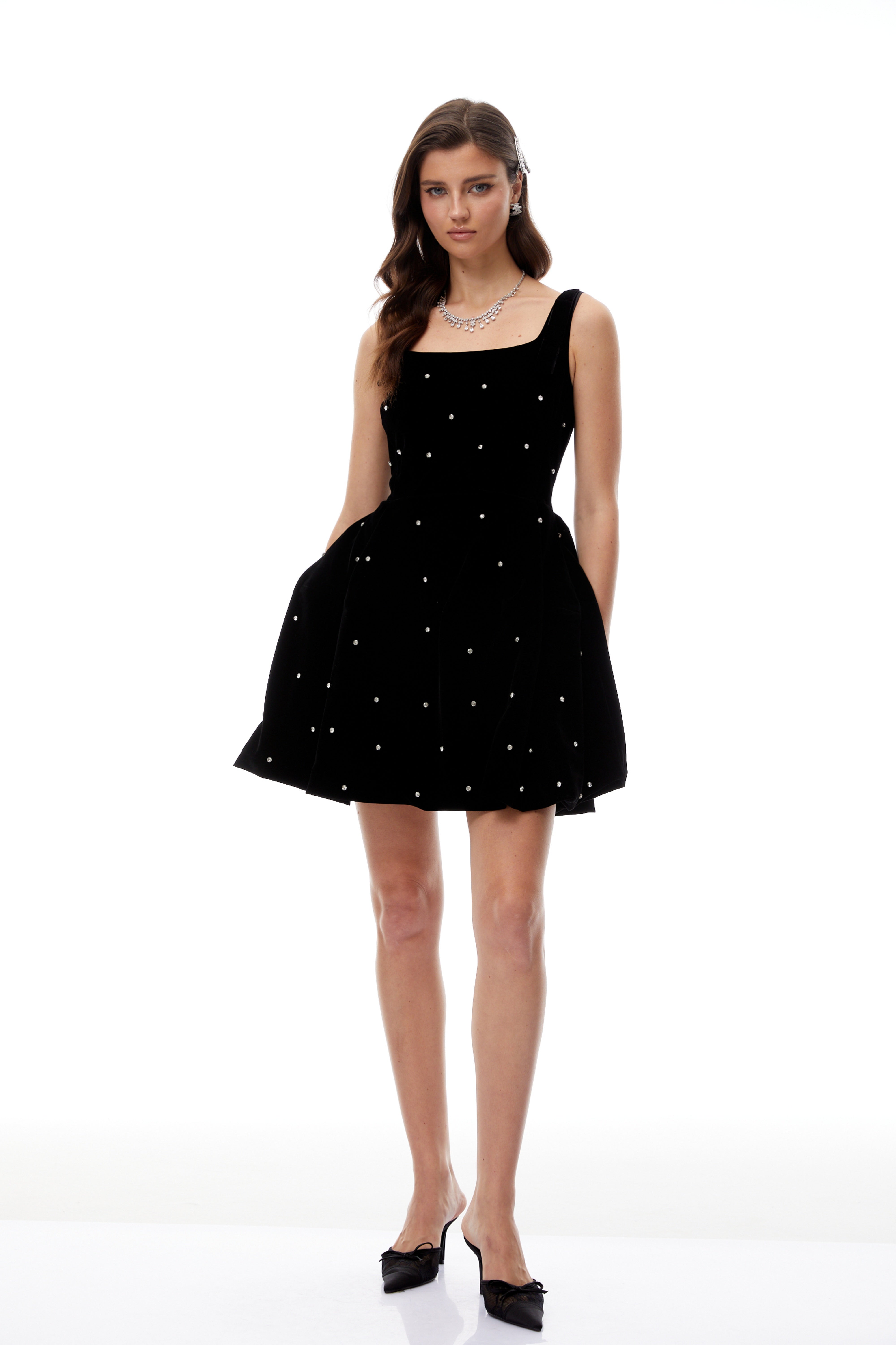 Selma Black Crystal Embellished Velvet Mini Dress