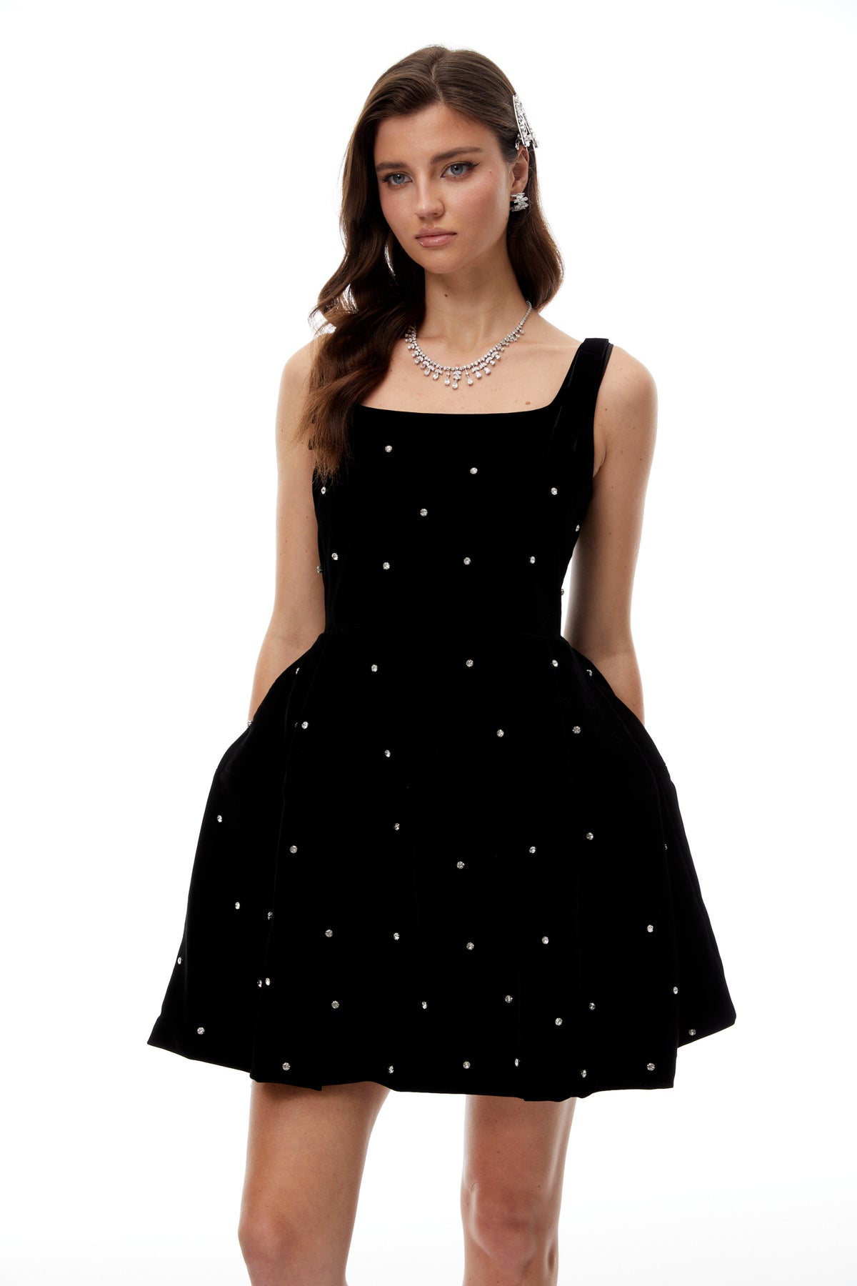 Selma Black Crystal Embellished Velvet Mini Dress
