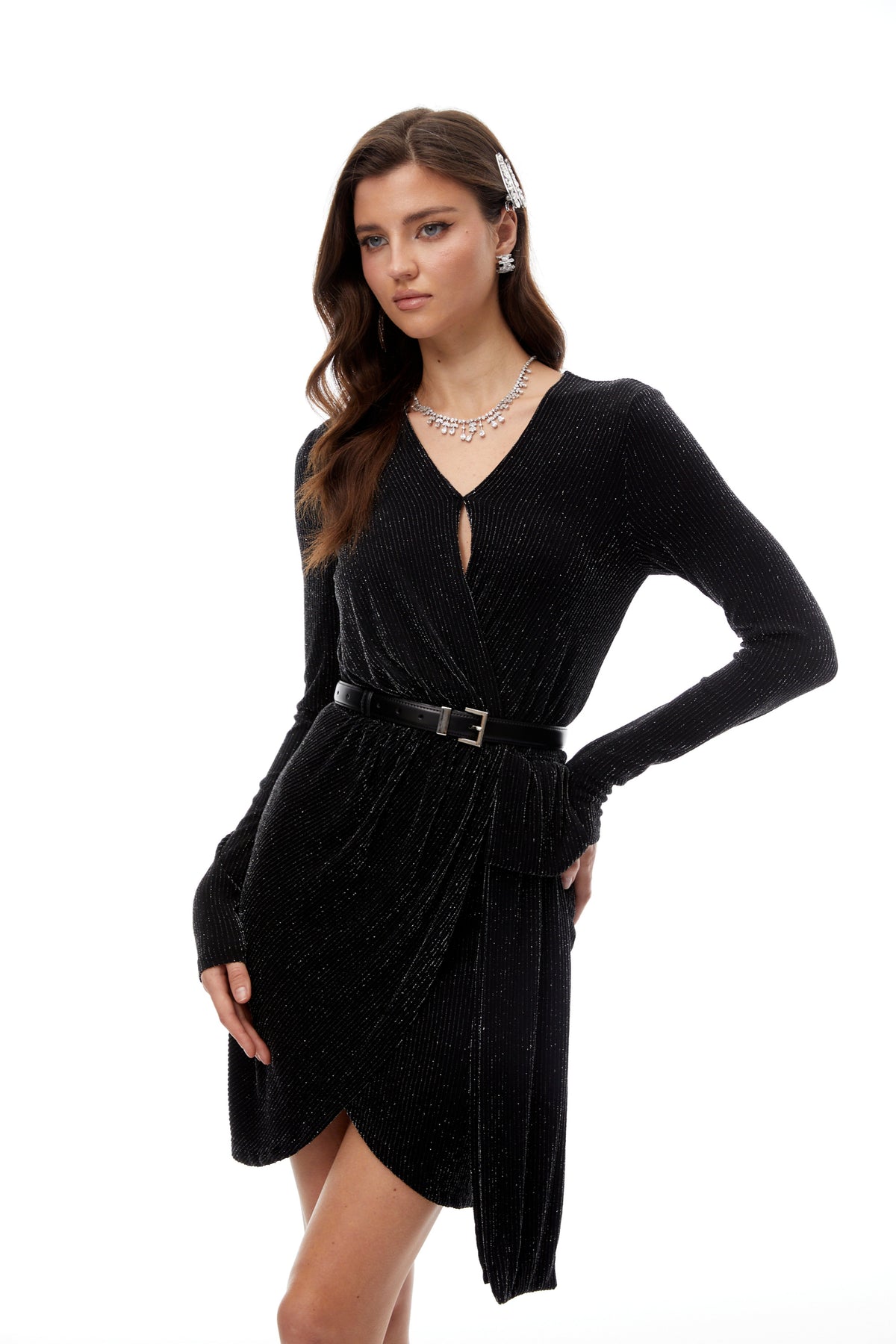 Betsy Black Asymmetrical Gathered Wrap Mini Dress