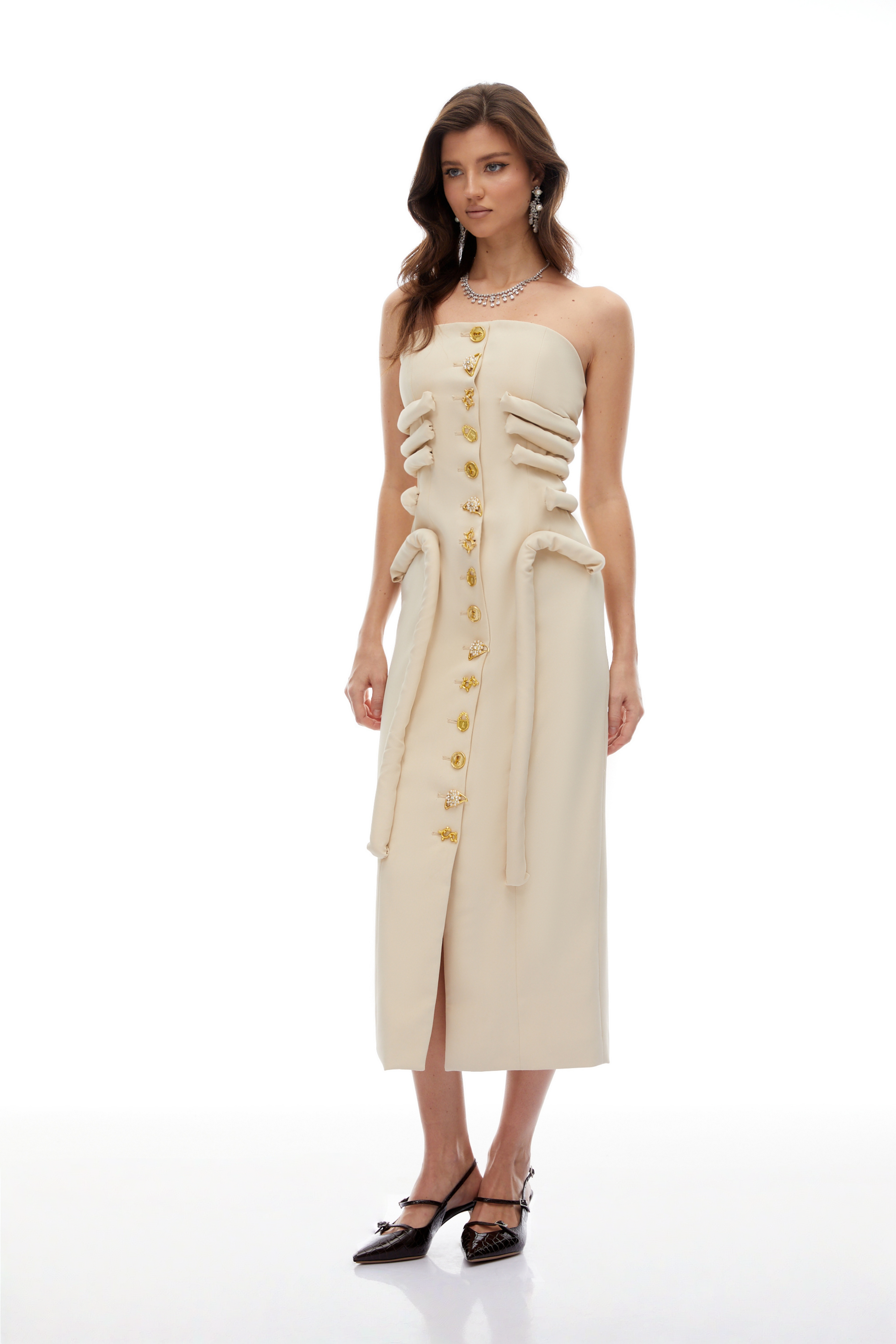 Thera Neutral Strapless Decorative Button Midi Dress (Final Sale)