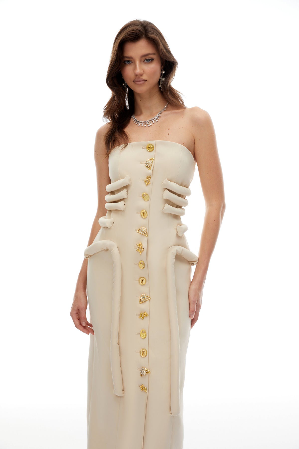 Thera Neutral Strapless Decorative Button Midi Dress (Final Sale)