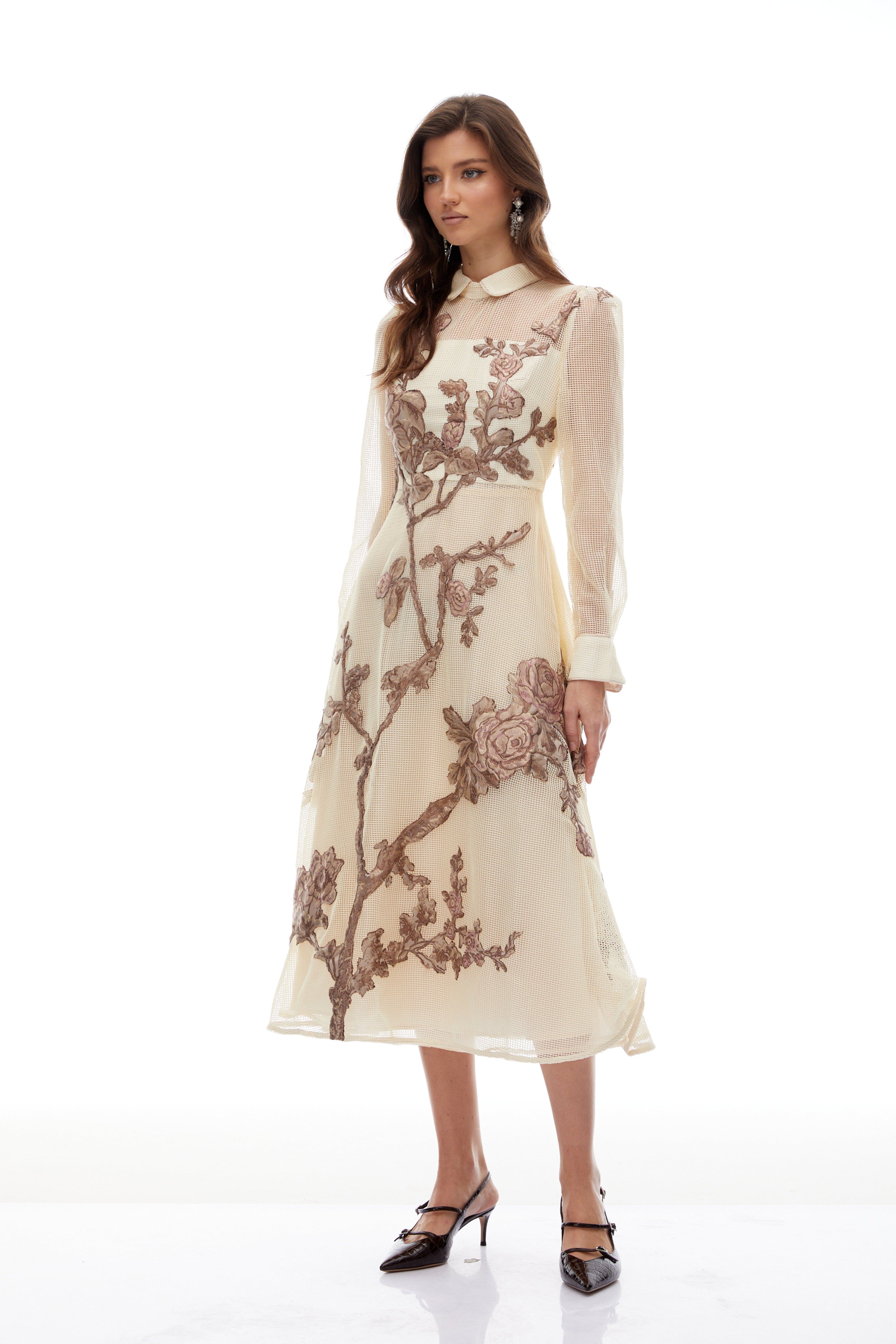 Ginevra Neutral Floral Appliqué Crochet Midi Dress