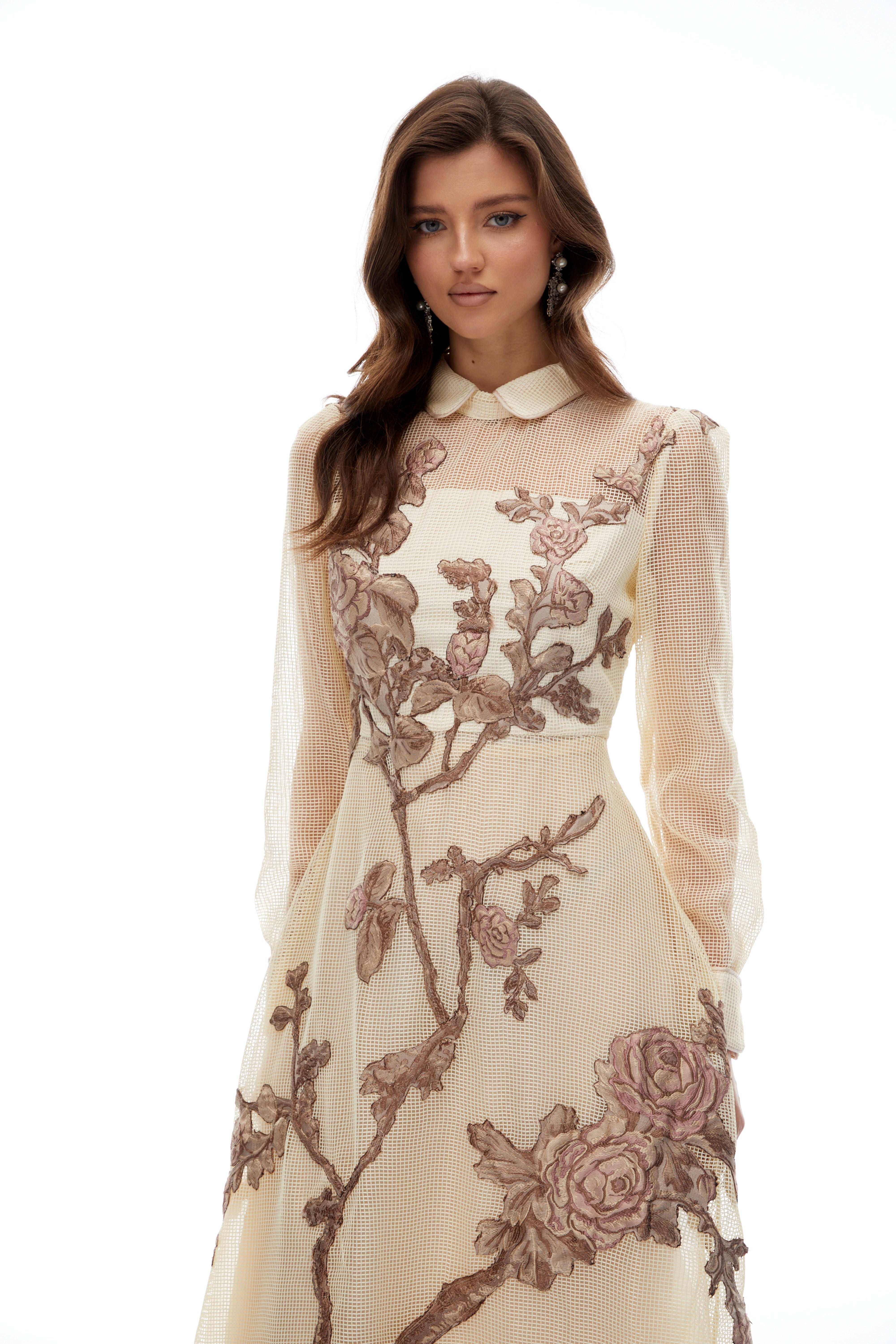 Ginevra Neutral Floral Appliqué Crochet Midi Dress