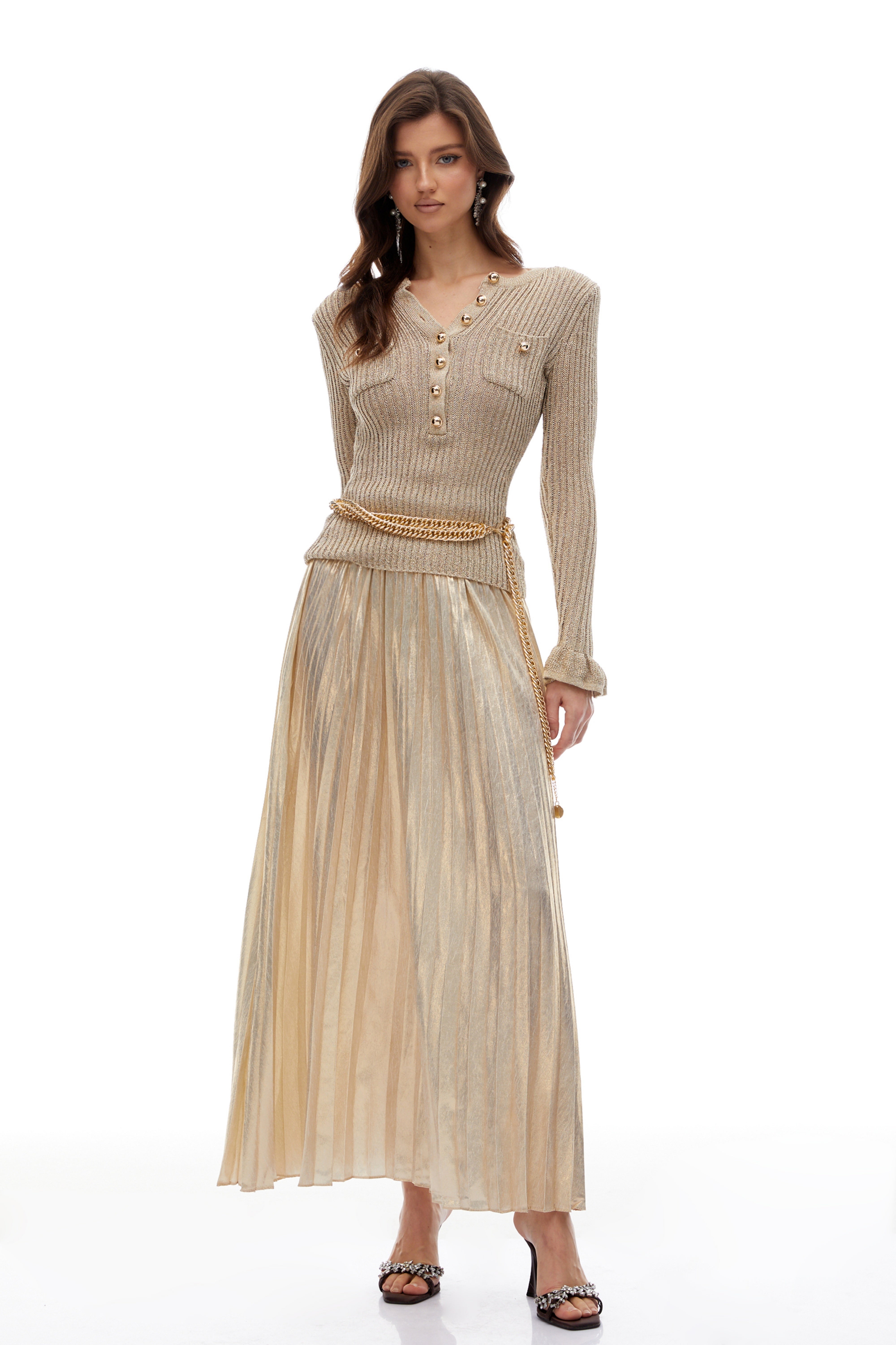 Hermosa Gold Metallic Knit Pleated Maxi Dress (Final Sale)