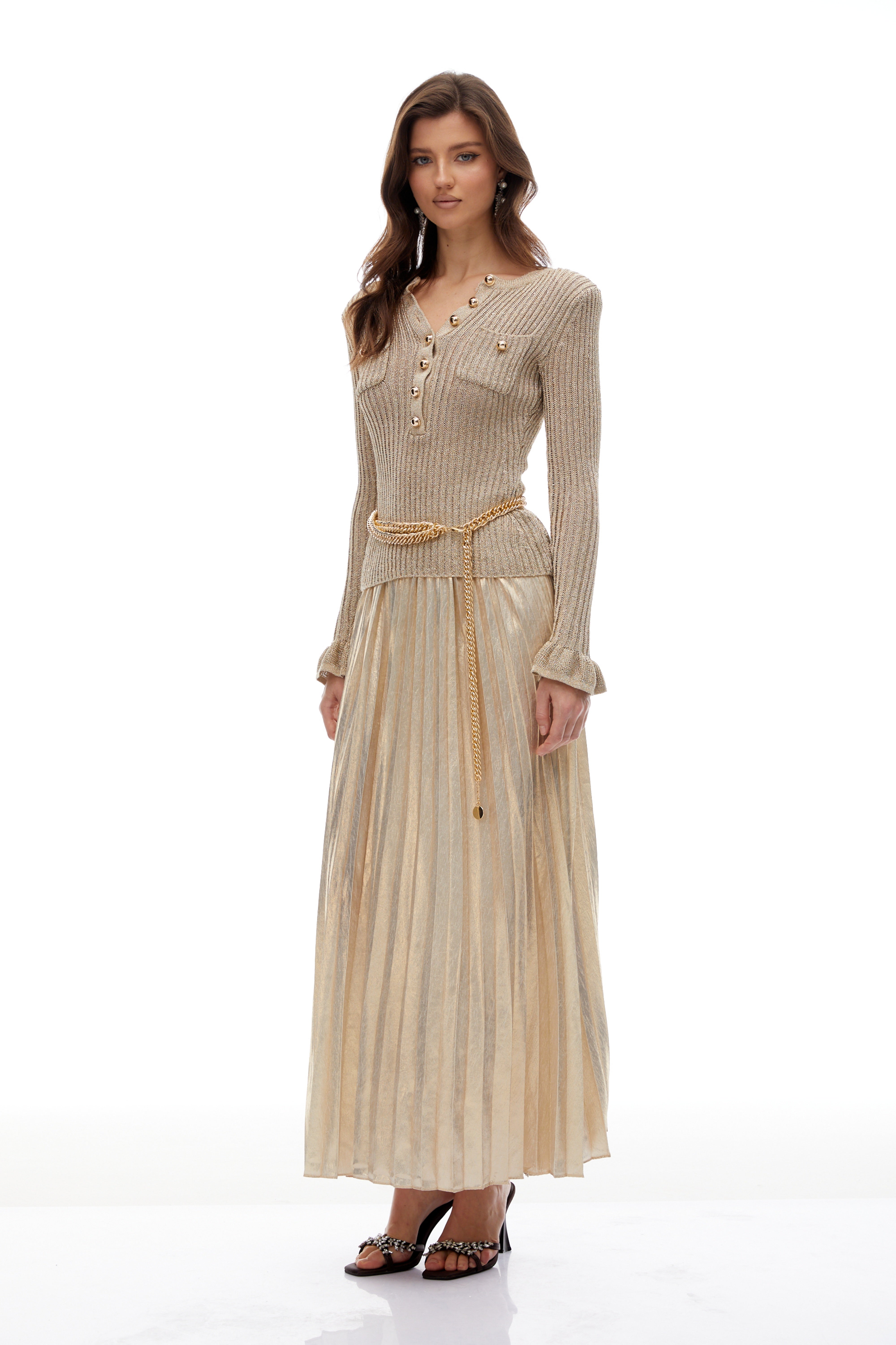 Hermosa Gold Metallic Knit Pleated Maxi Dress