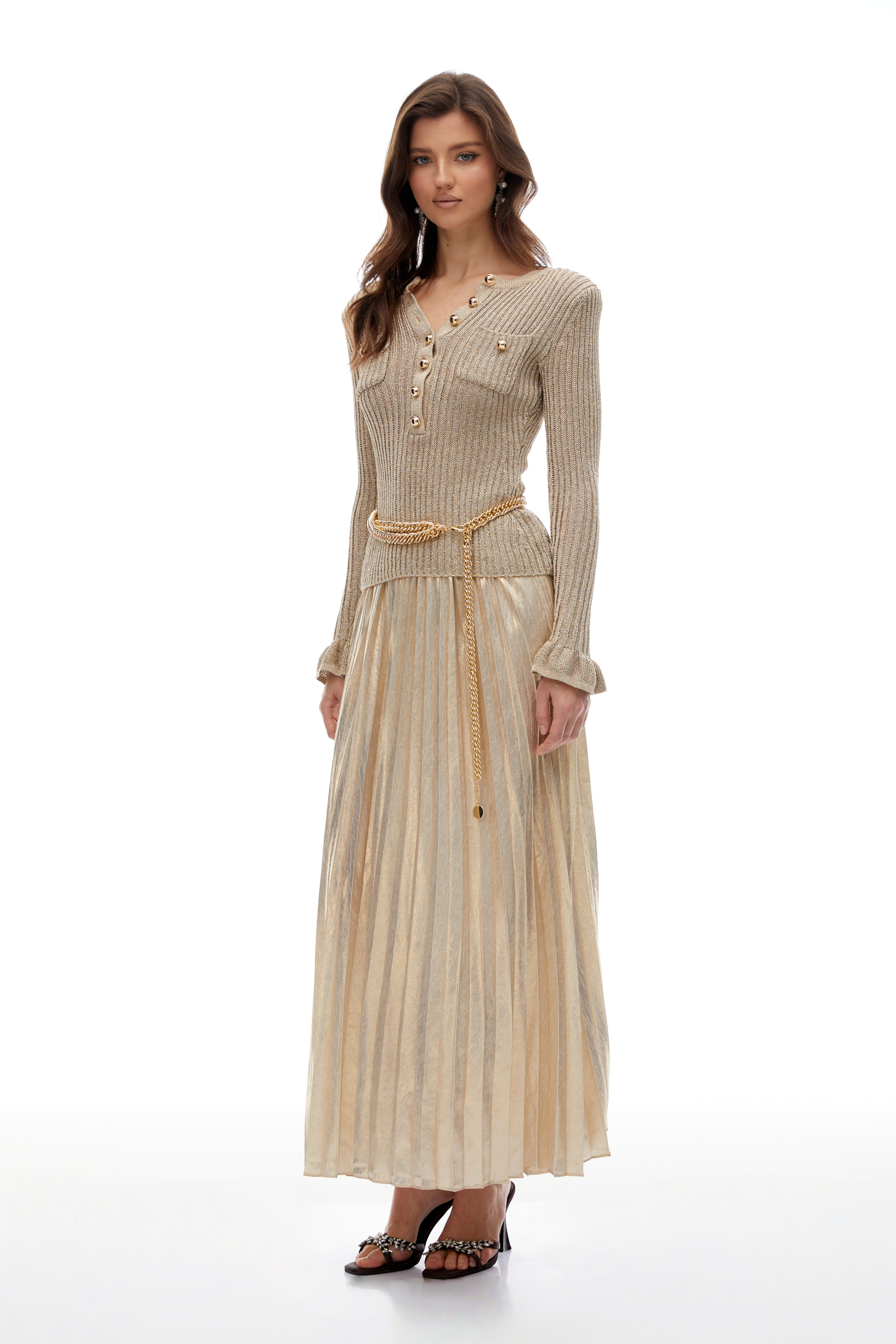 Hermosa Gold Metallic Knit Pleated Maxi Dress (Final Sale)