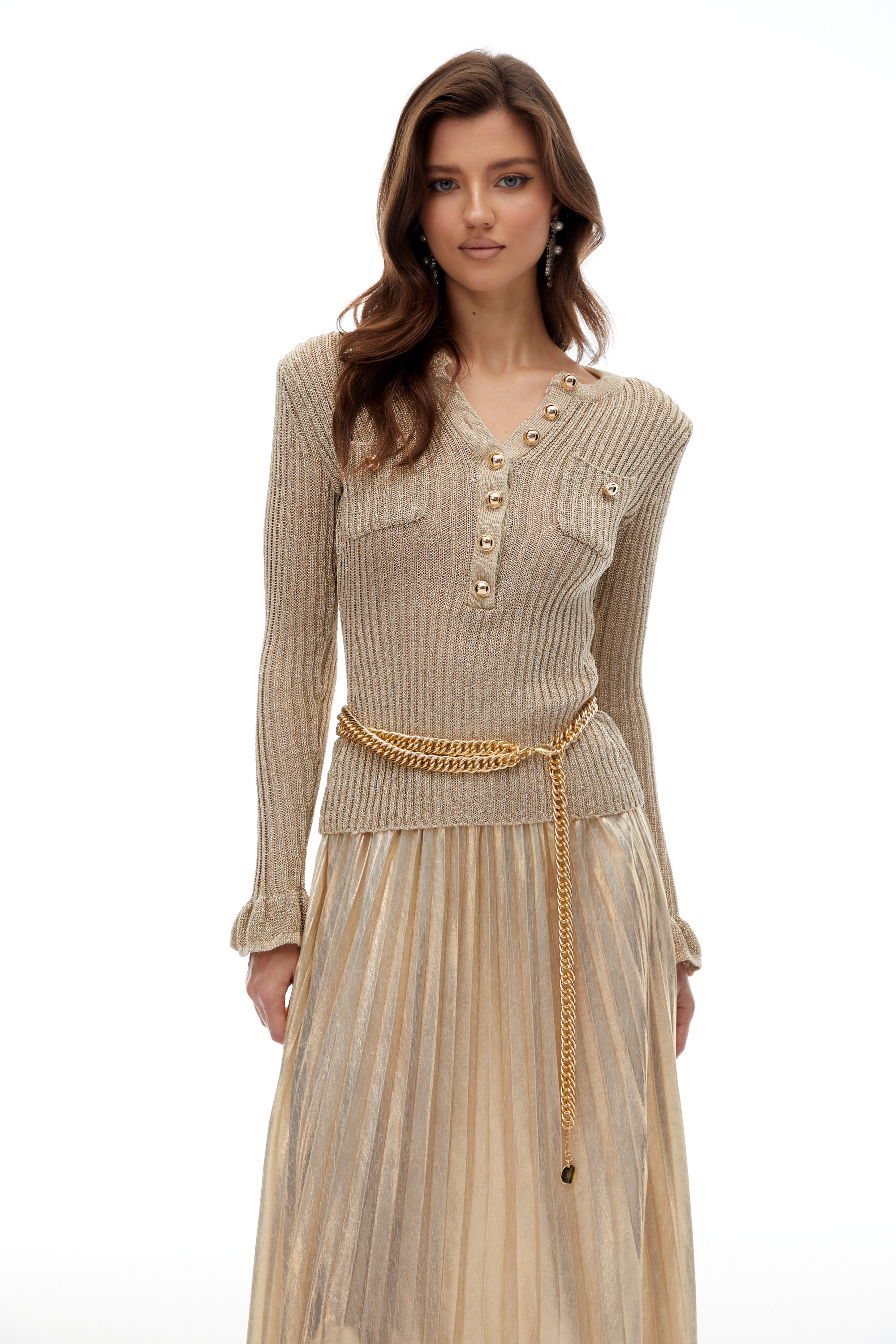 Hermosa Gold Metallic Knit Pleated Maxi Dress (Final Sale)
