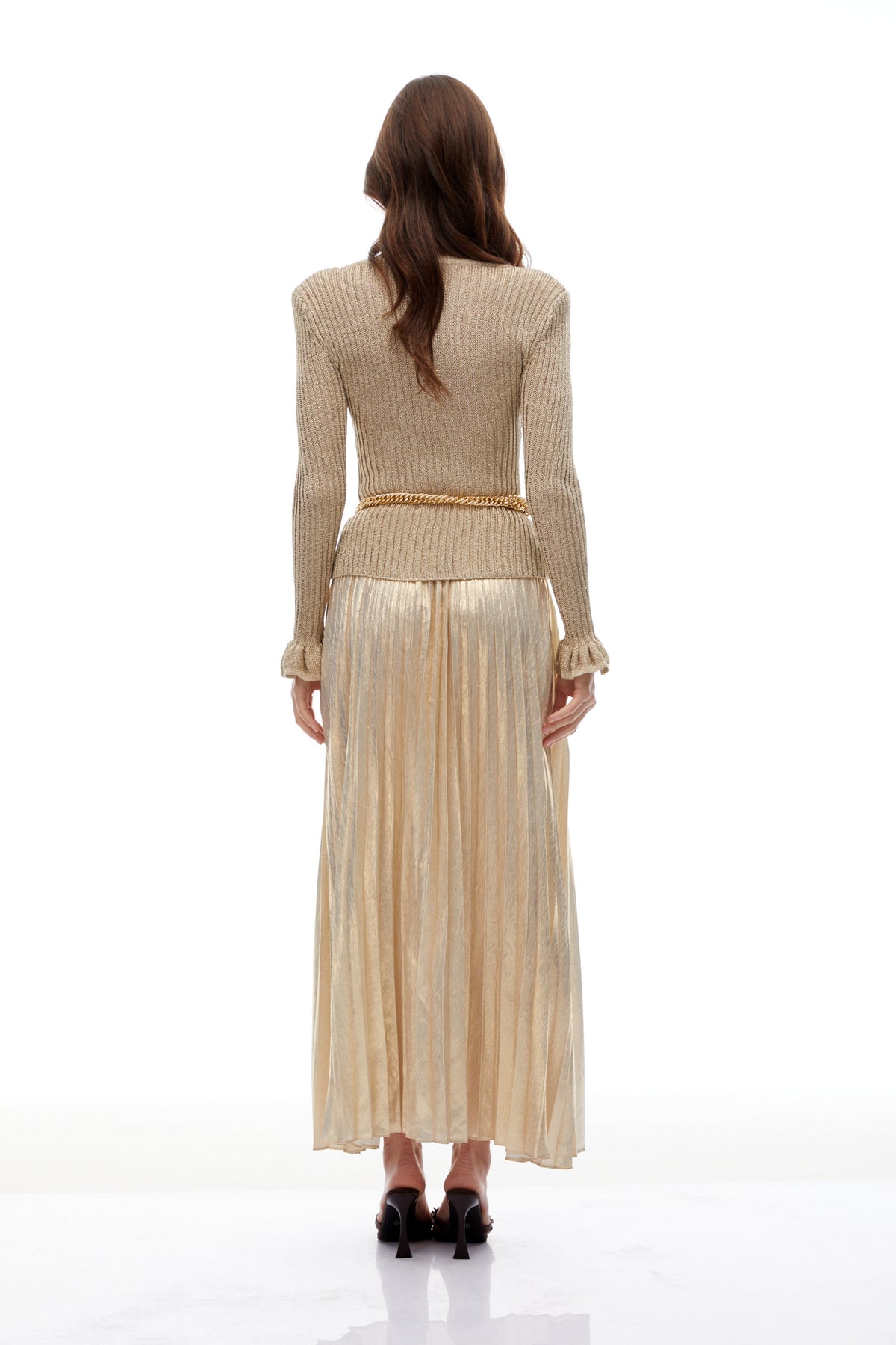 Hermosa Gold Metallic Knit Pleated Maxi Dress
