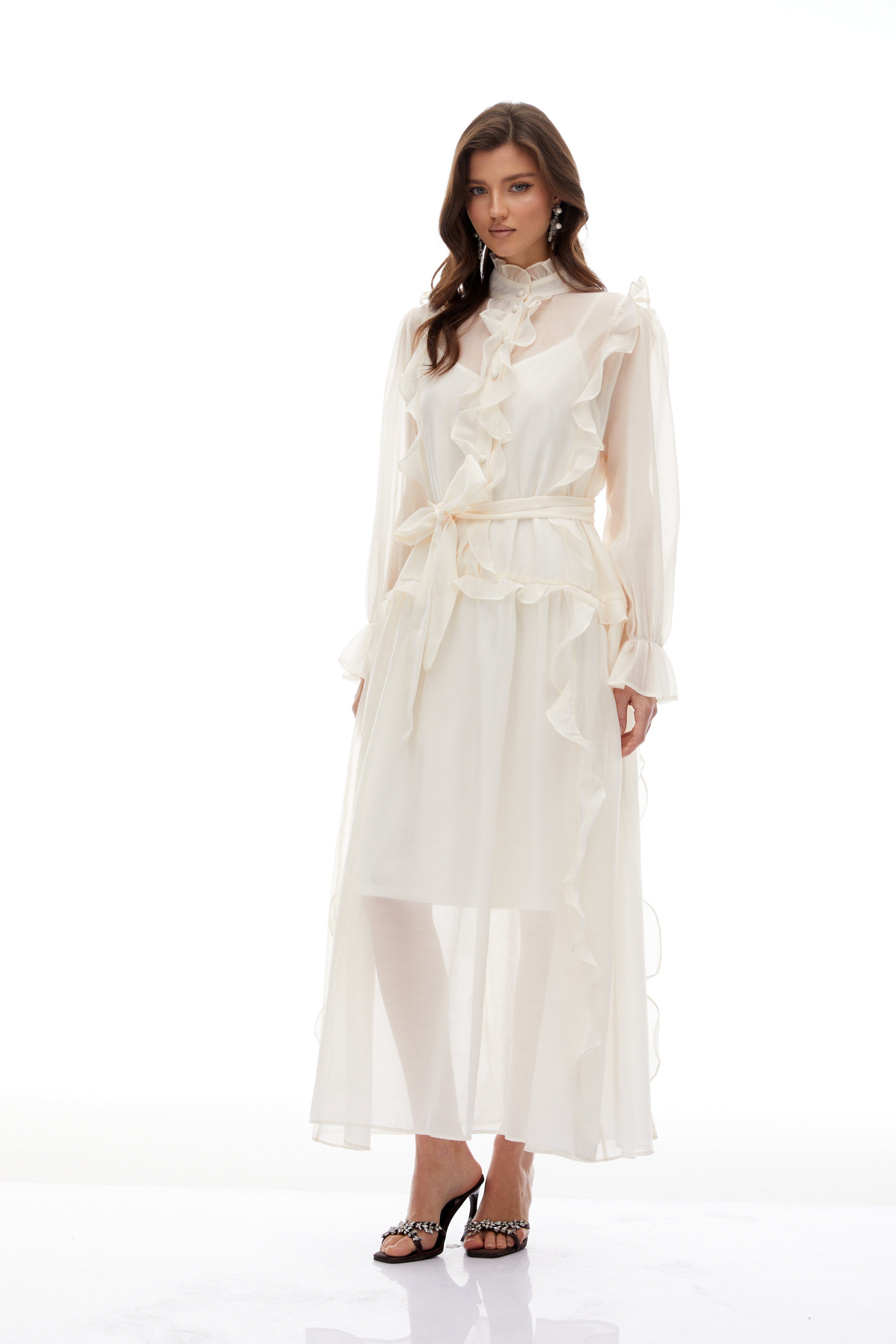 Quincie Neutral Tied Ruffled Trim Midi Dress