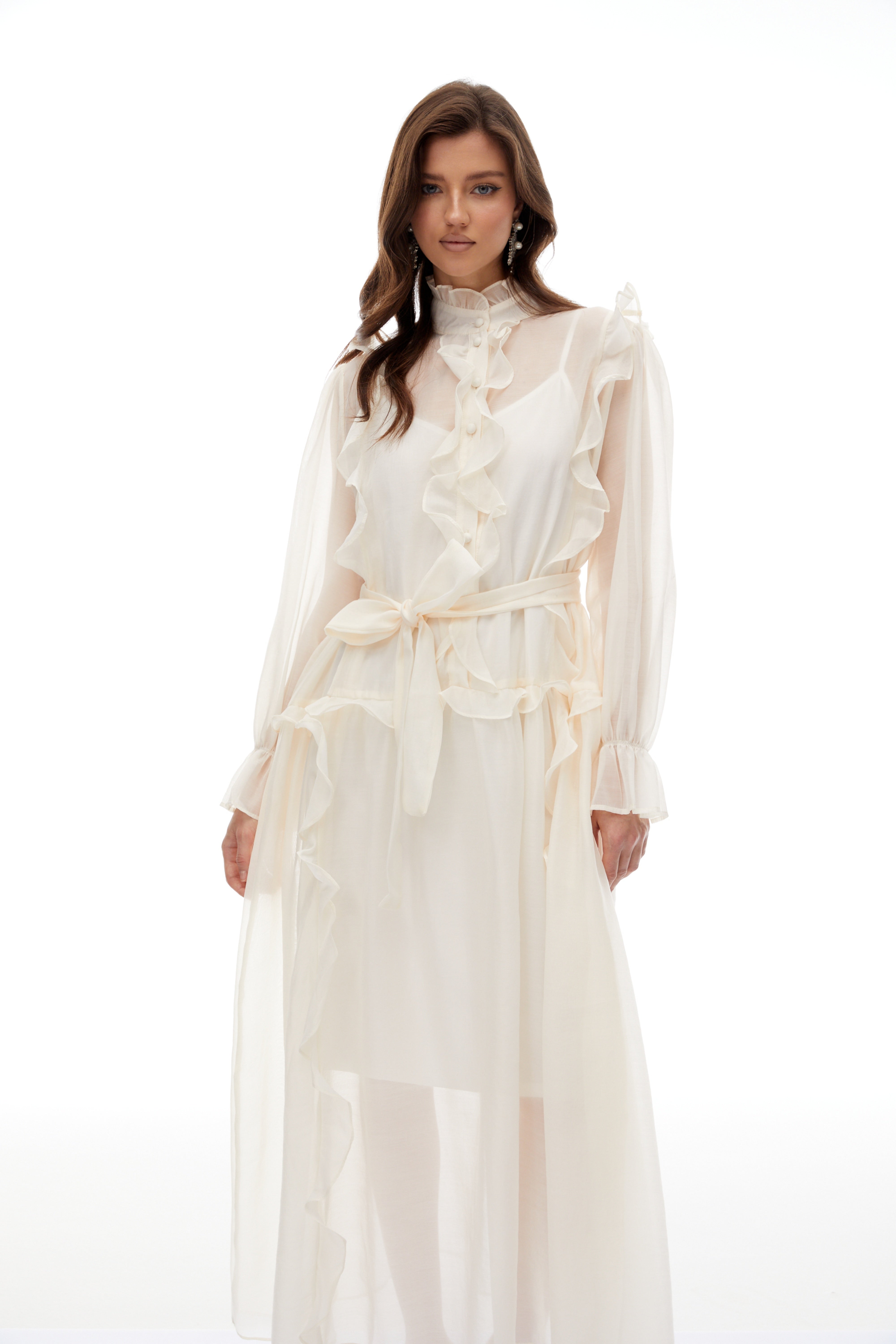 Quincie Neutral Tied Ruffled Trim Midi Dress