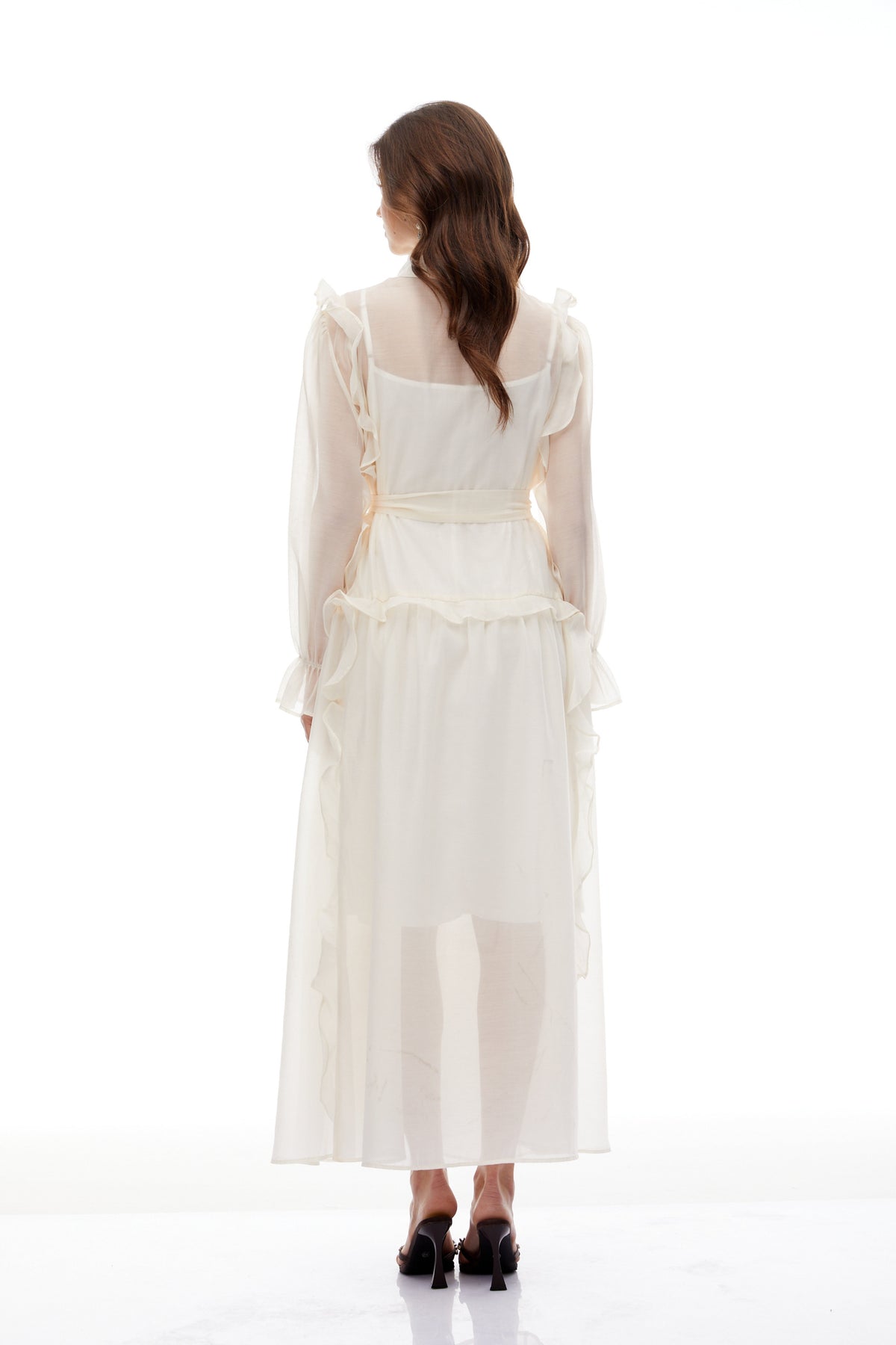 Quincie Neutral Tied Ruffled Trim Midi Dress