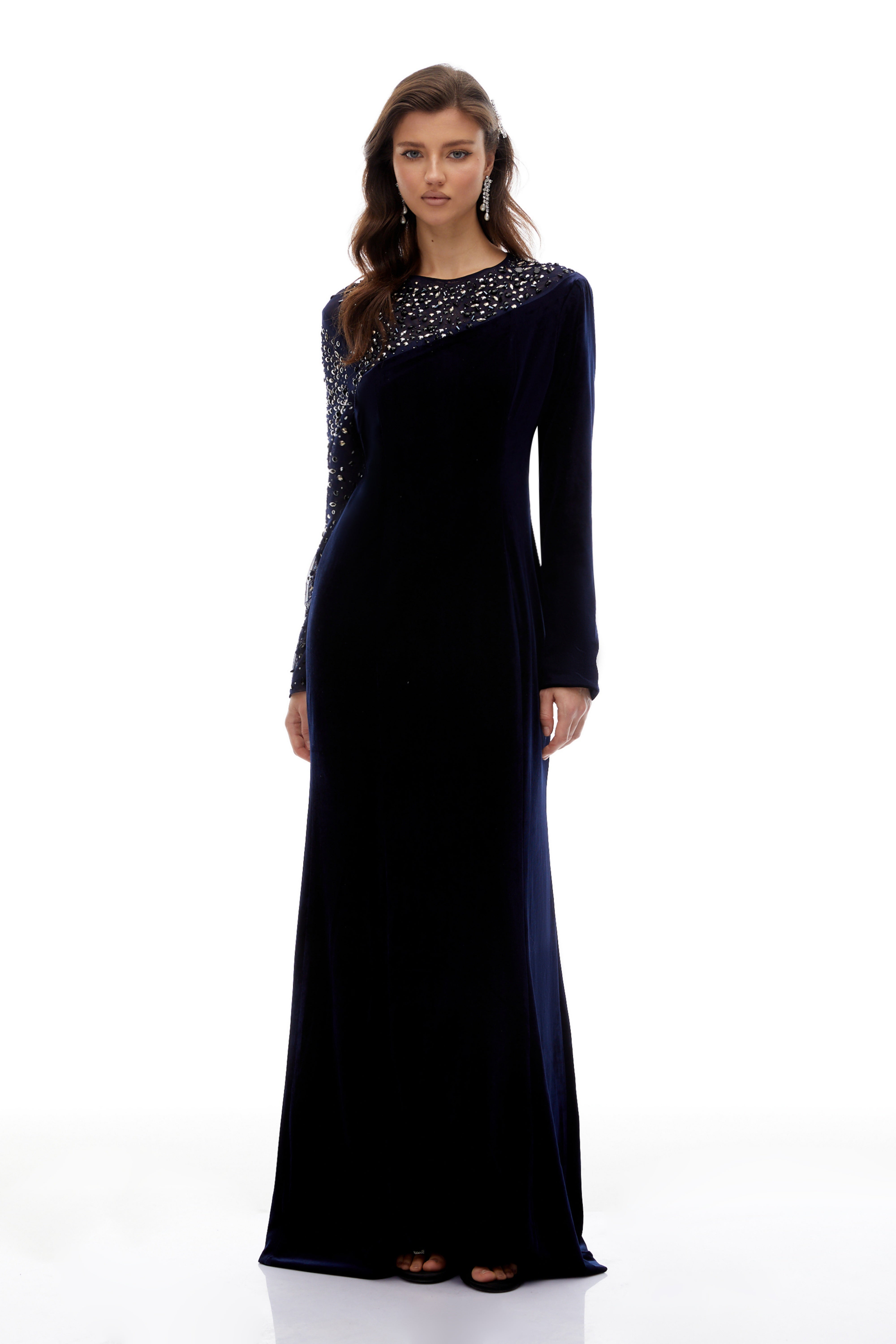 Rosemary Blue Embellished Velvet Maxi Gown