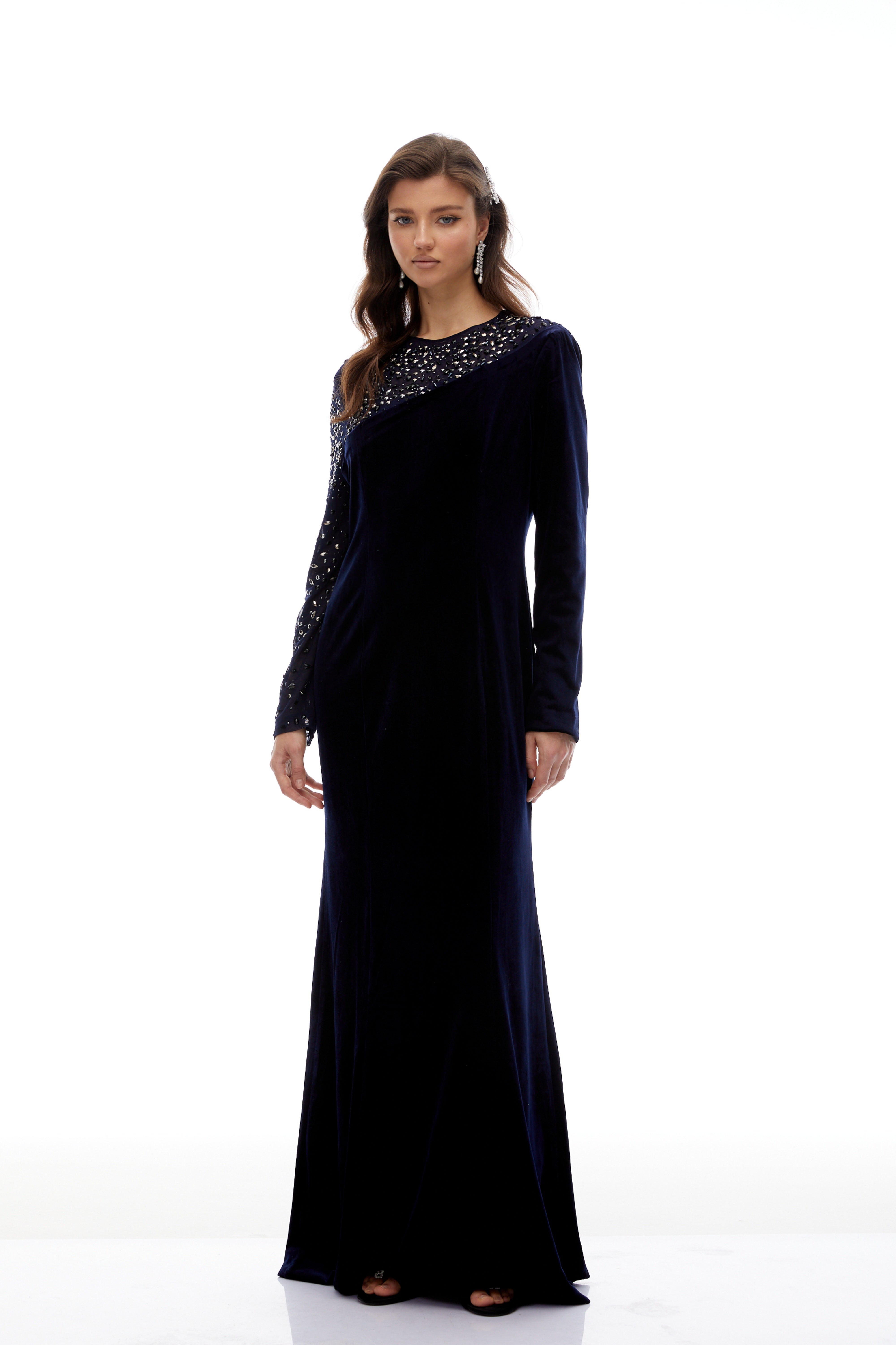 Rosemary Blue Embellished Velvet Maxi Gown
