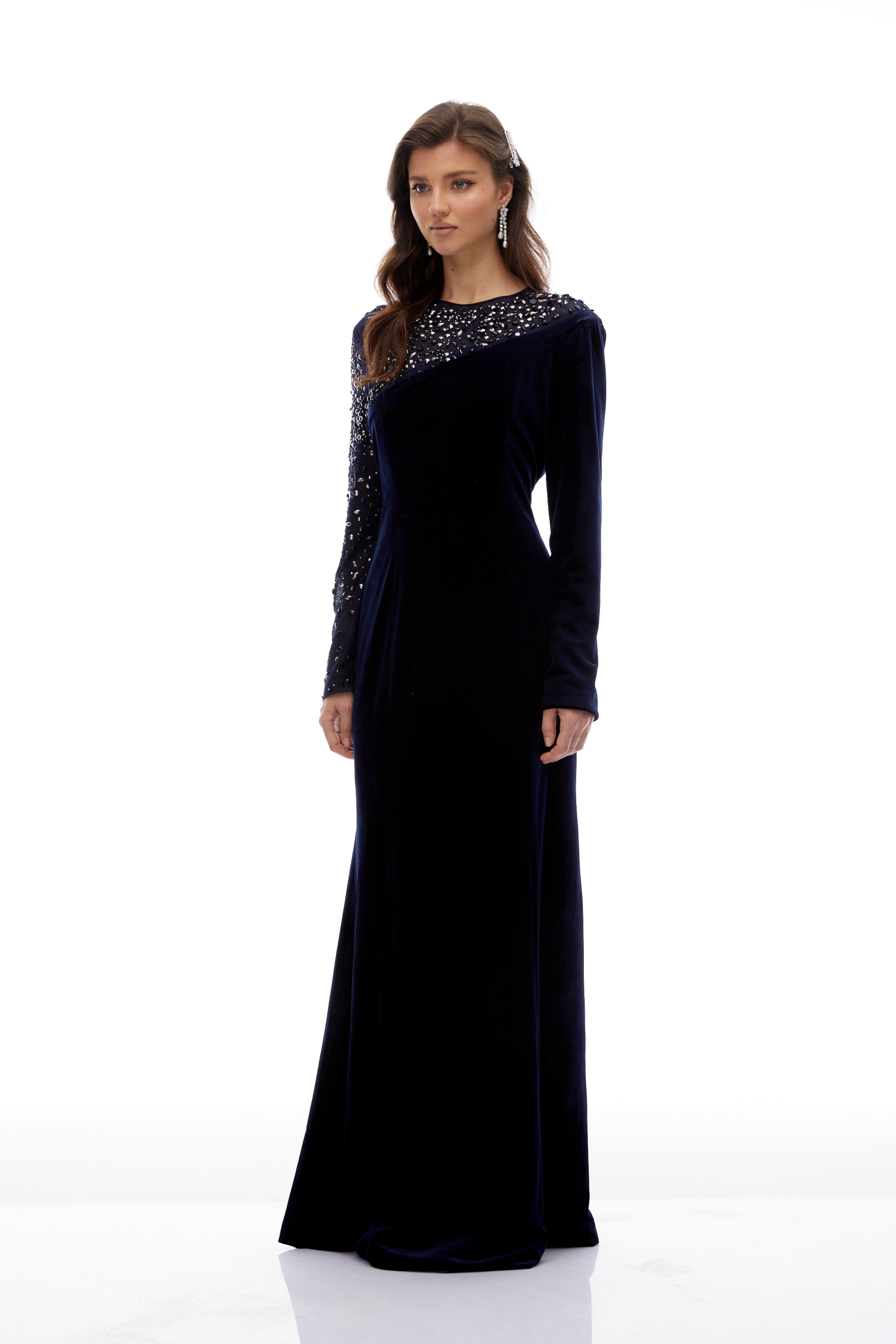 Rosemary Blue Embellished Velvet Maxi Gown