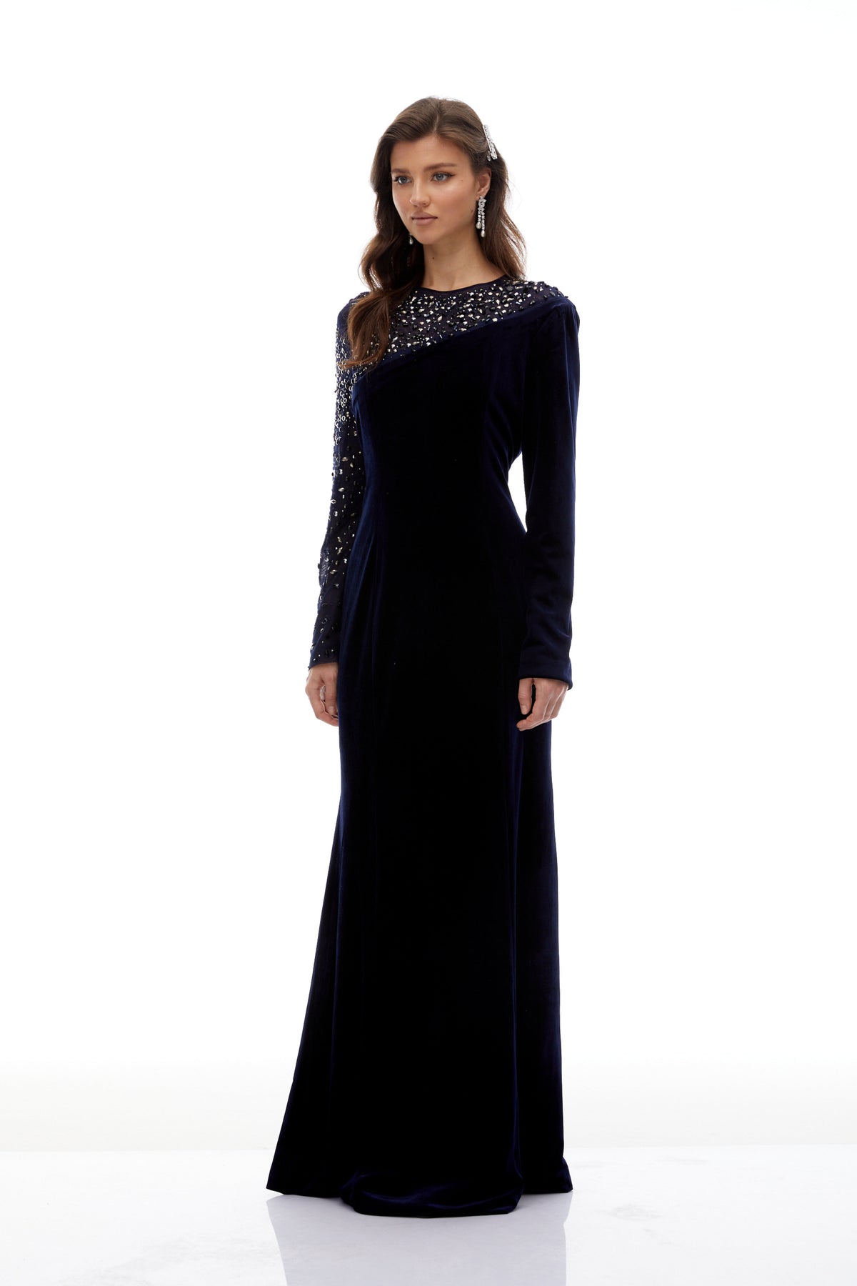 Rosemary Blue Embellished Velvet Maxi Gown