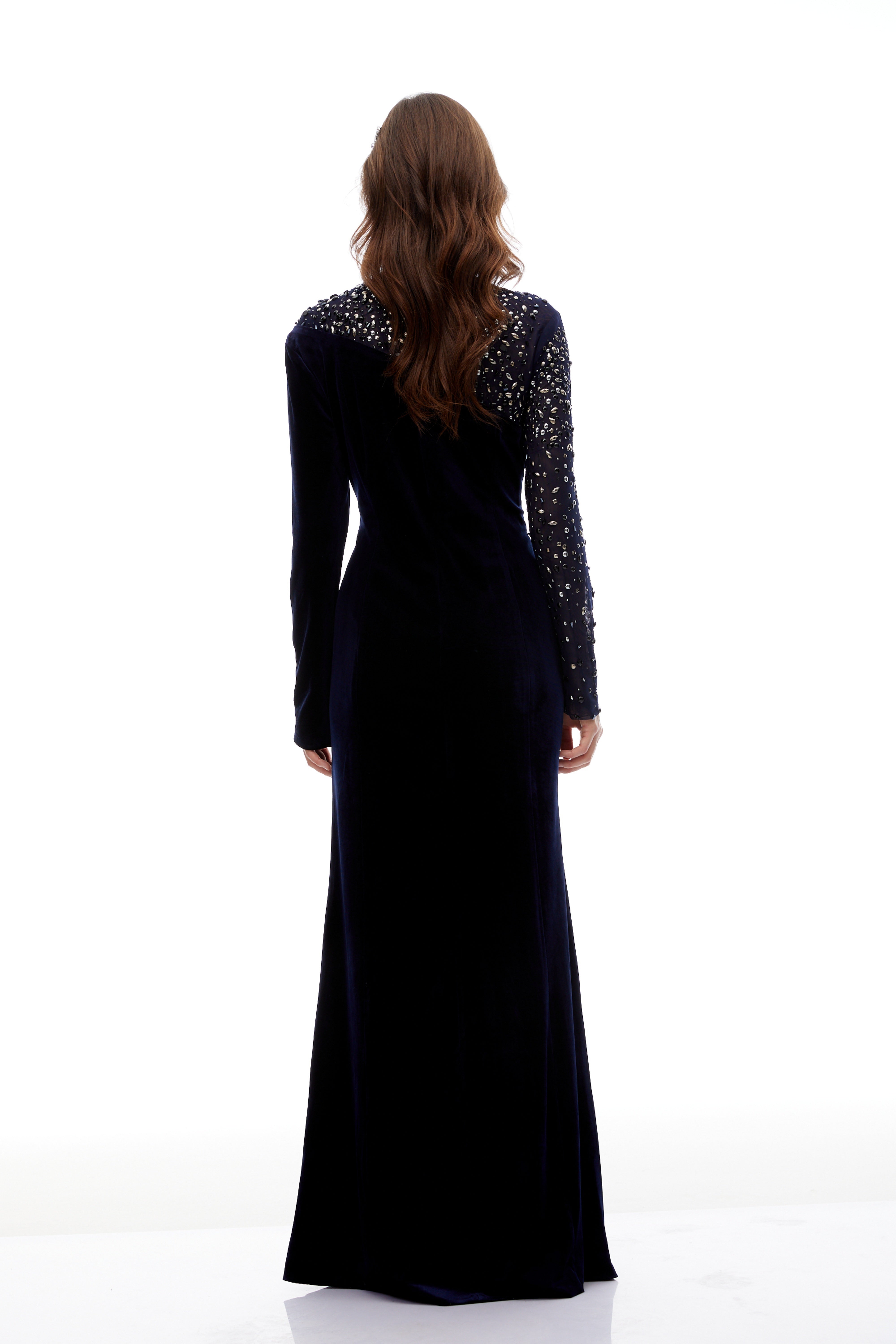 Rosemary Blue Embellished Velvet Maxi Gown