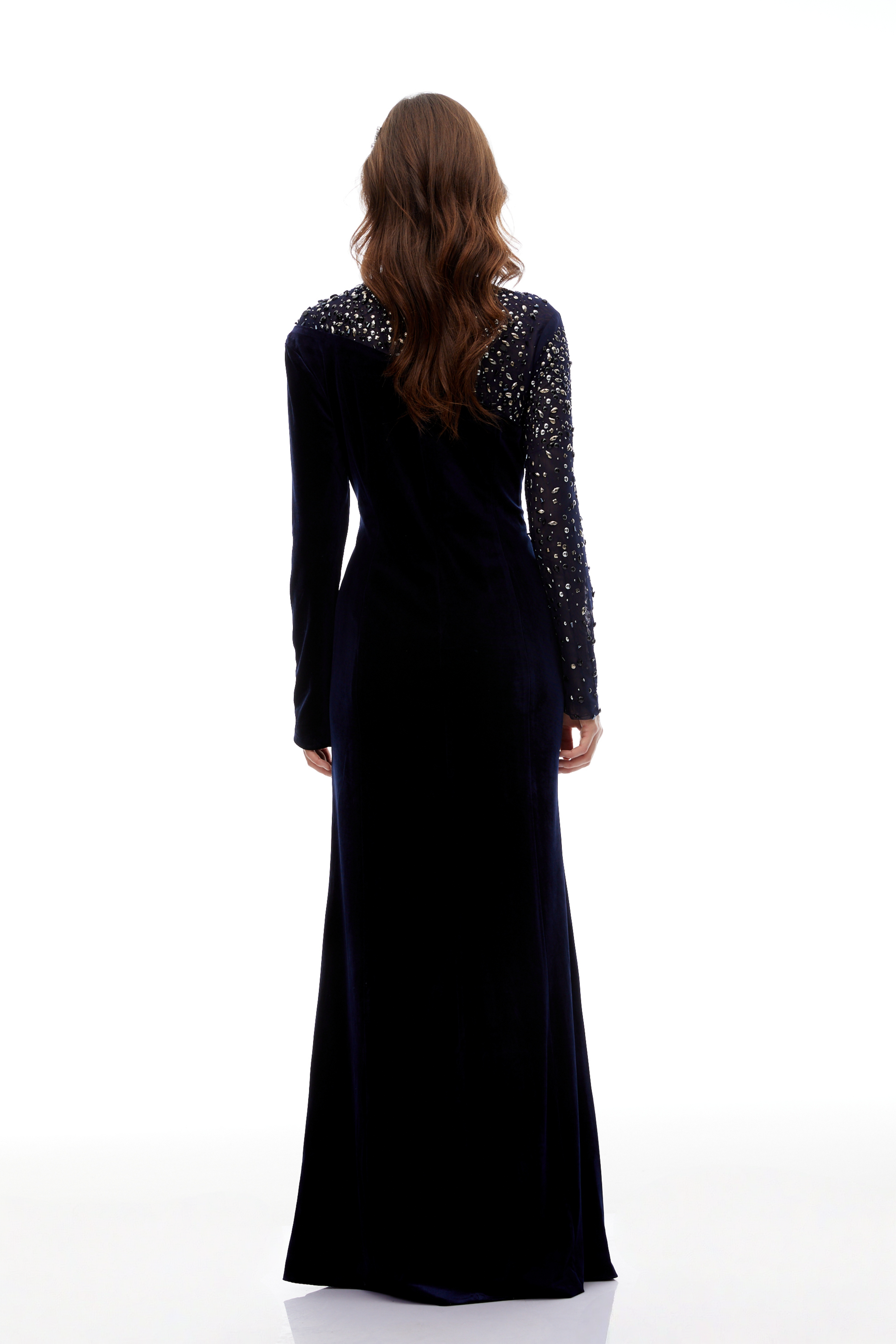 Rosemary Blue Embellished Velvet Maxi Gown(Final Sale)