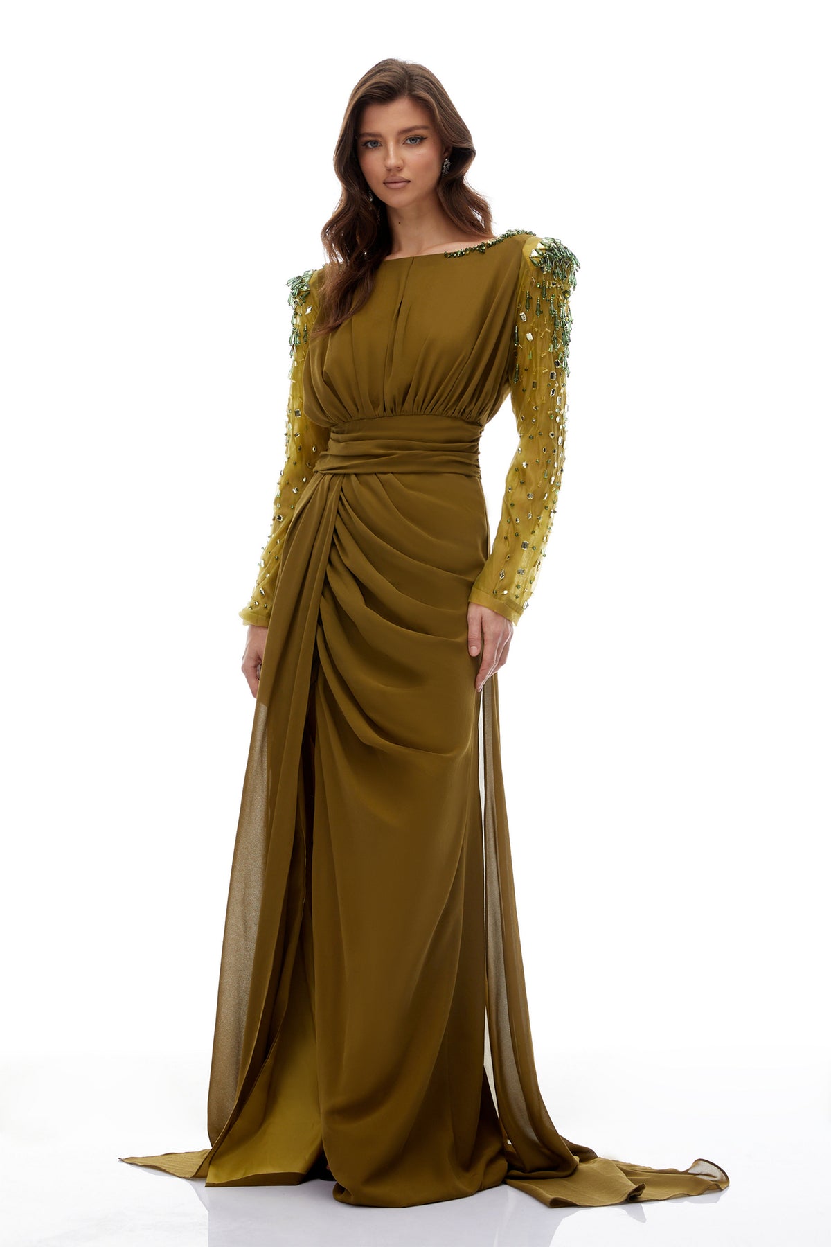 Lesley Green Embellished Draped Chiffon Maxi Gown