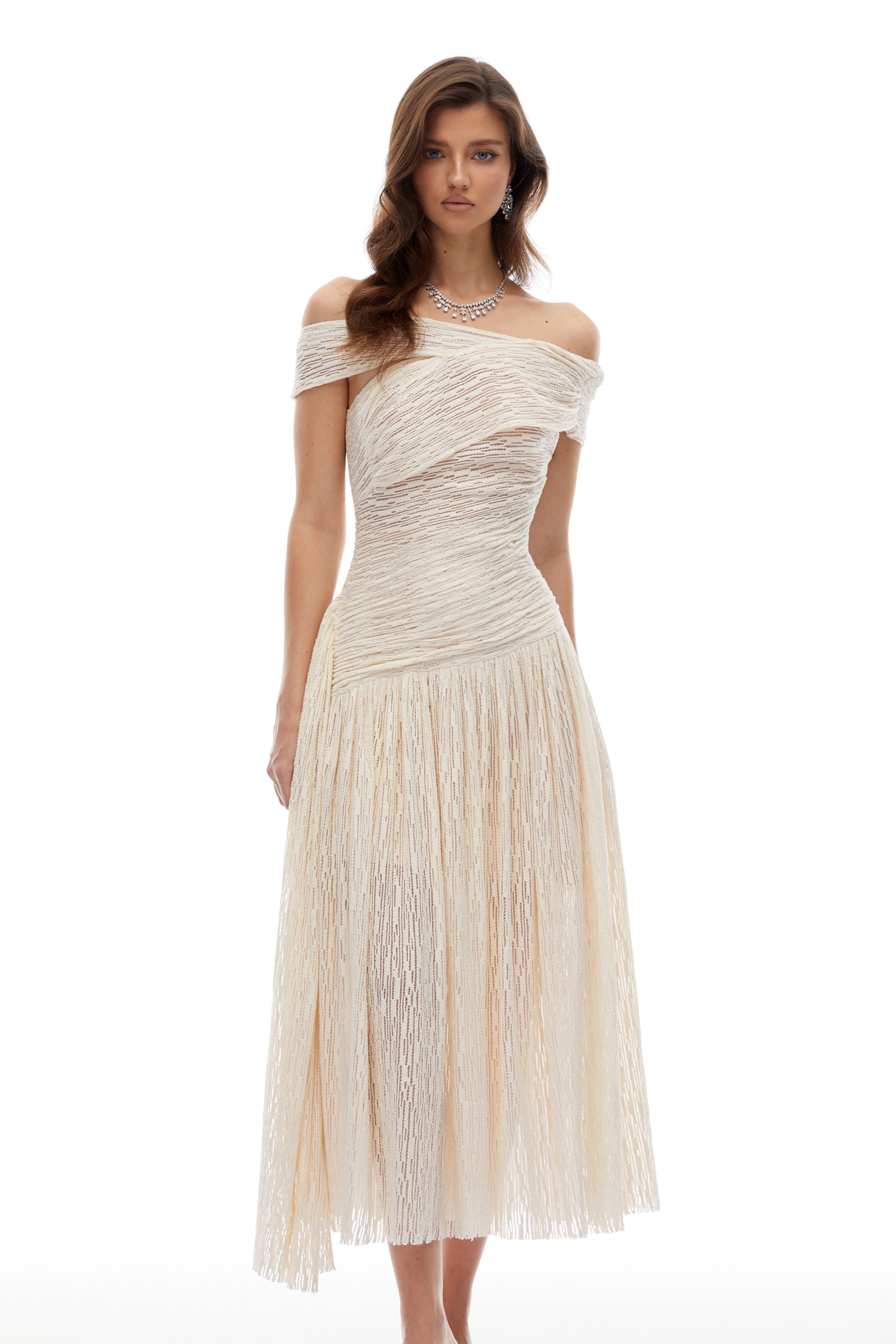 Thale Neutral Asymmetrical Textured Ruched Midi Dress (Final Sale-US Only)