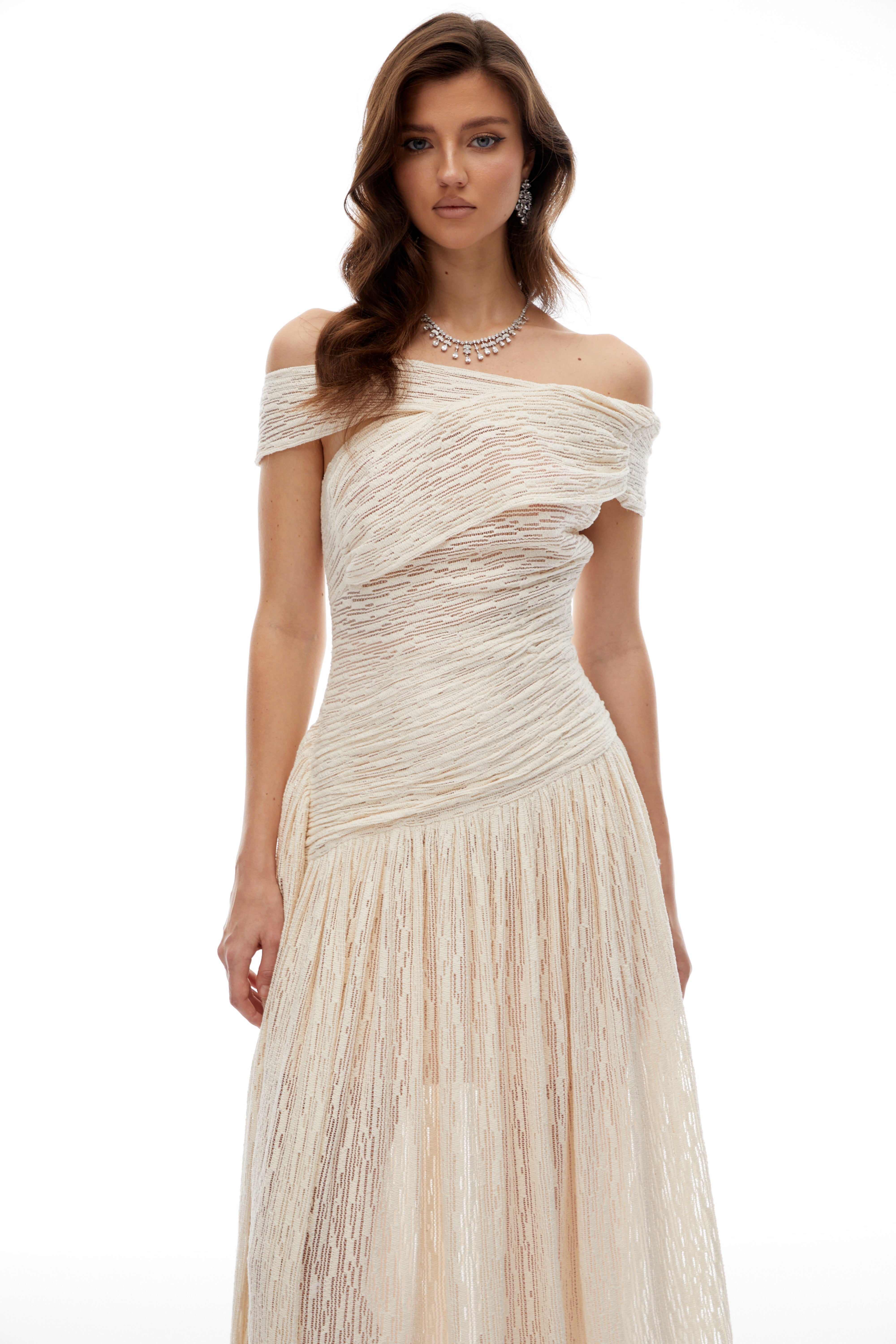 Thale Neutral Asymmetrical Textured Ruched Midi Dress (Final Sale-US Only)