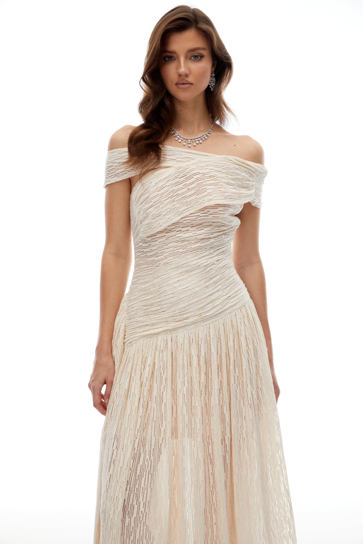 Thale Neutral Asymmetrical Textured Ruched Midi Dress (Final Sale-US Only)