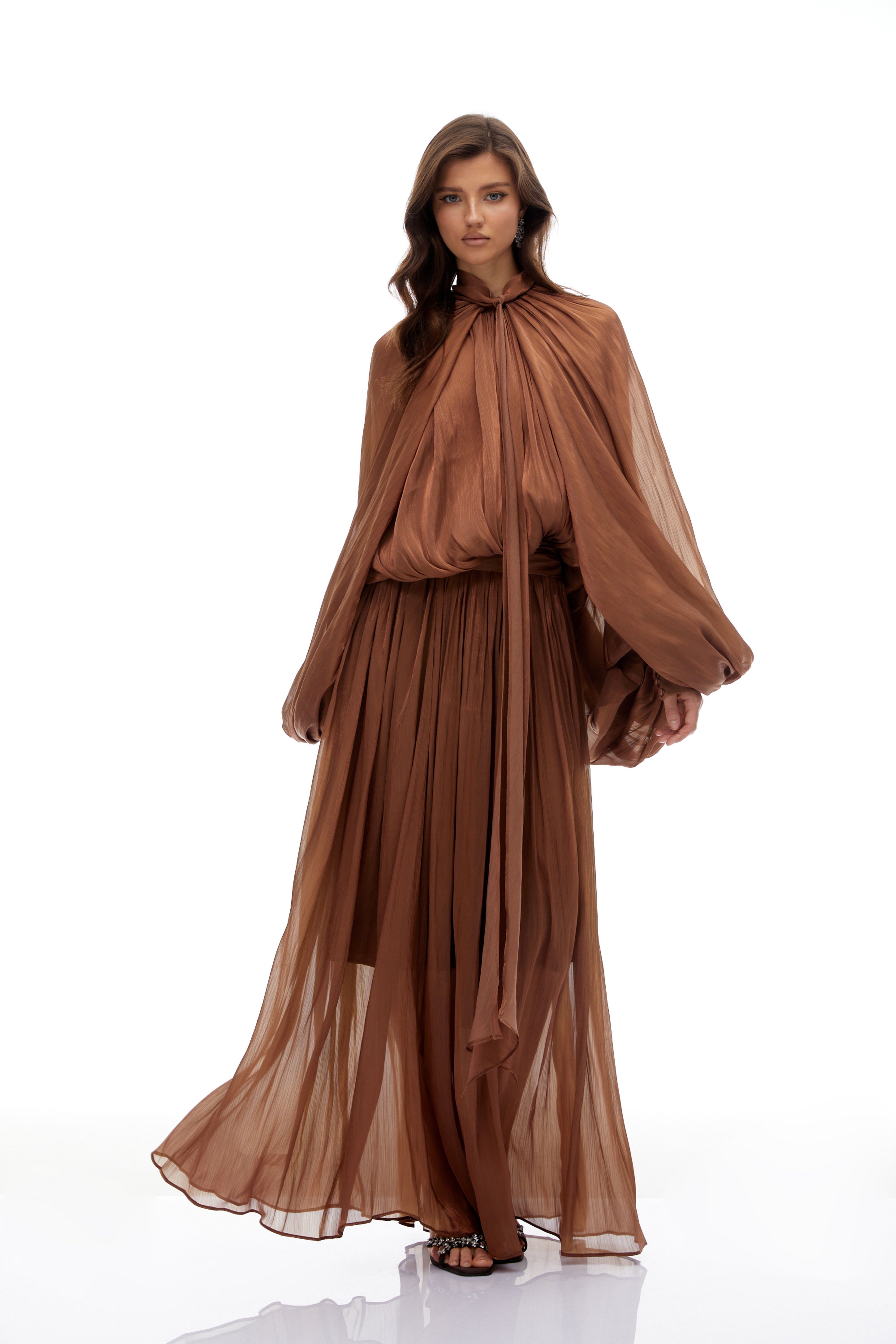 Mila Brown Pleated Satin Maxi Dress
