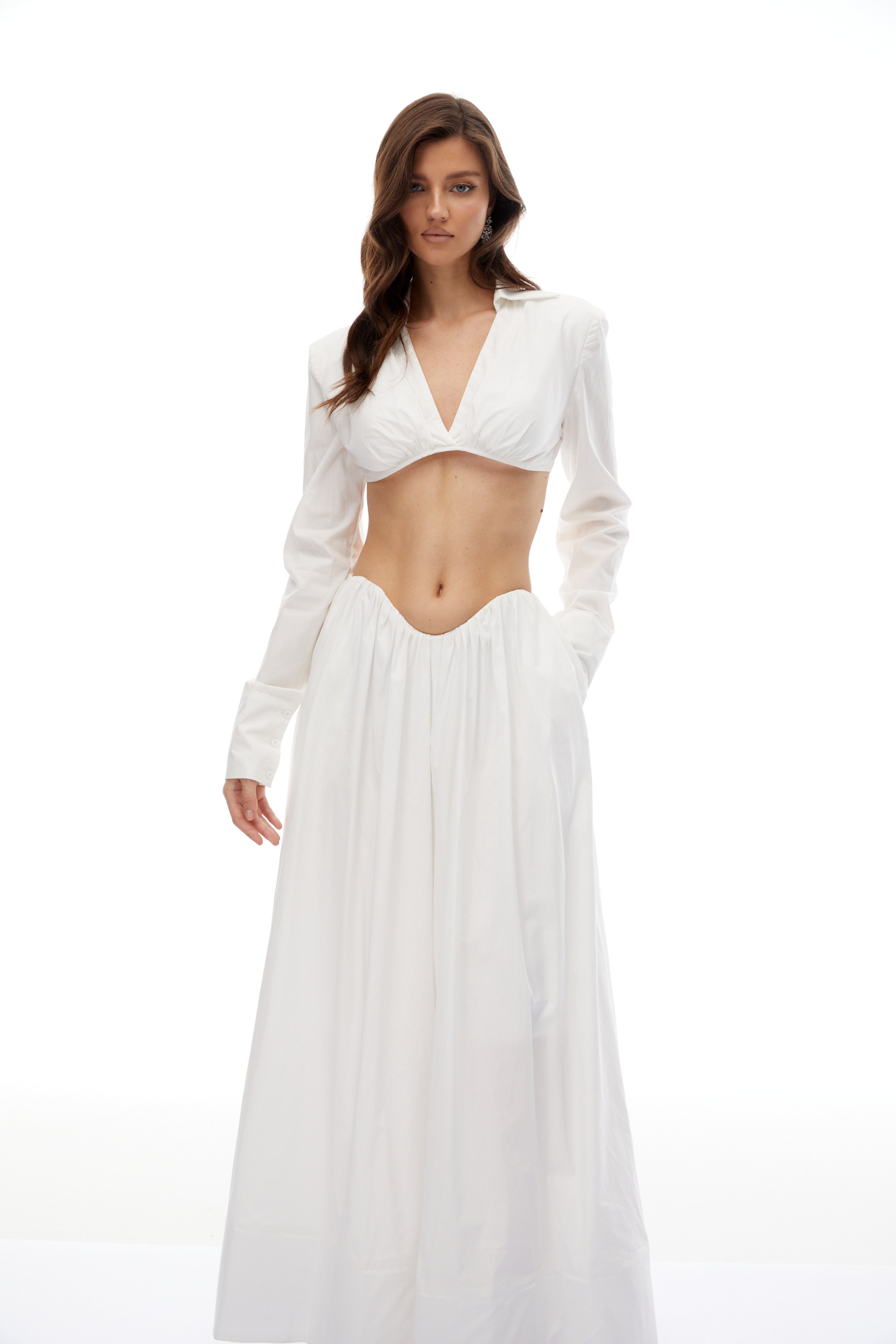 Caterina White Shirred Shirt & Skirt Set