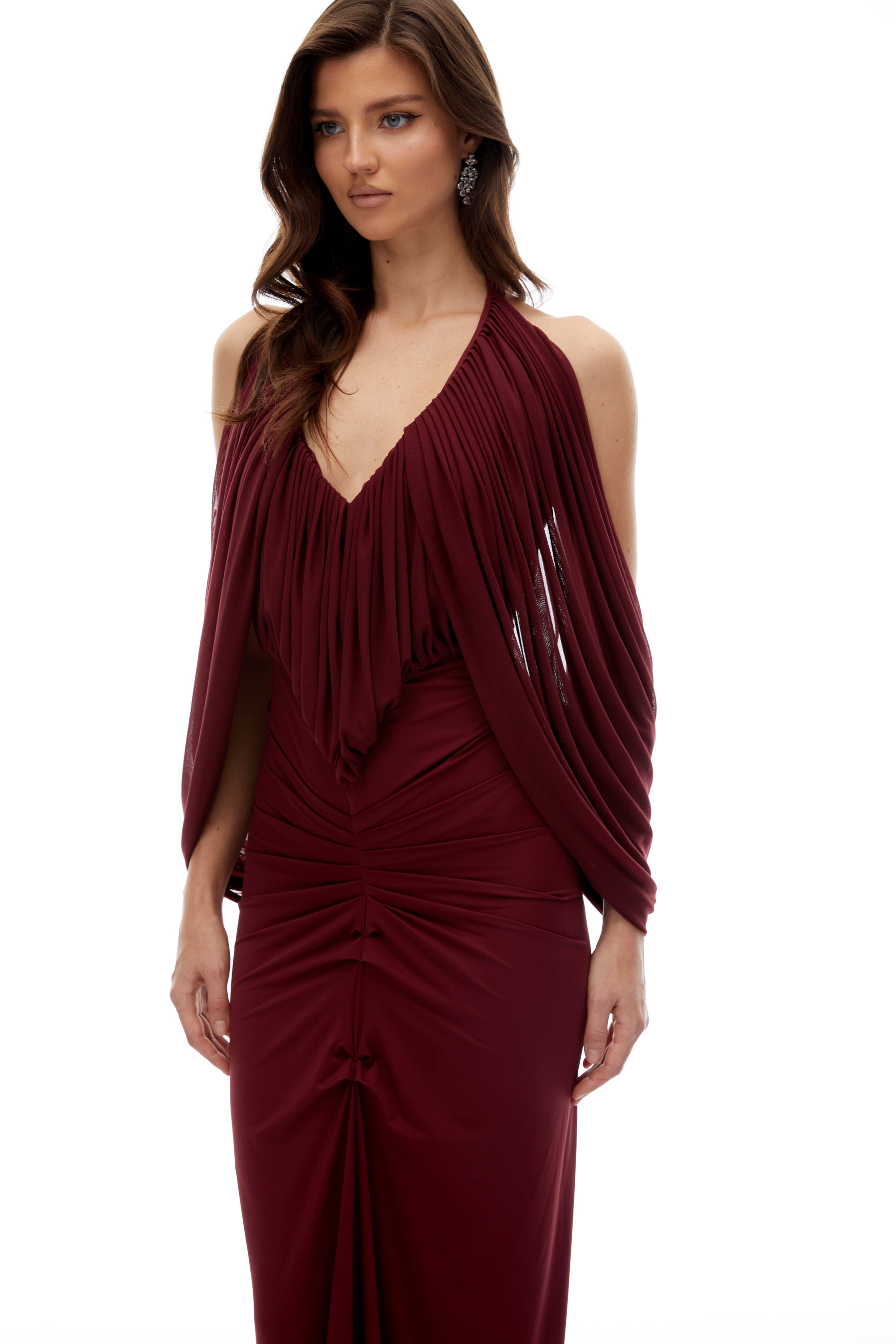 Eléa Red Cold Shoulder Draped Maxi Dress