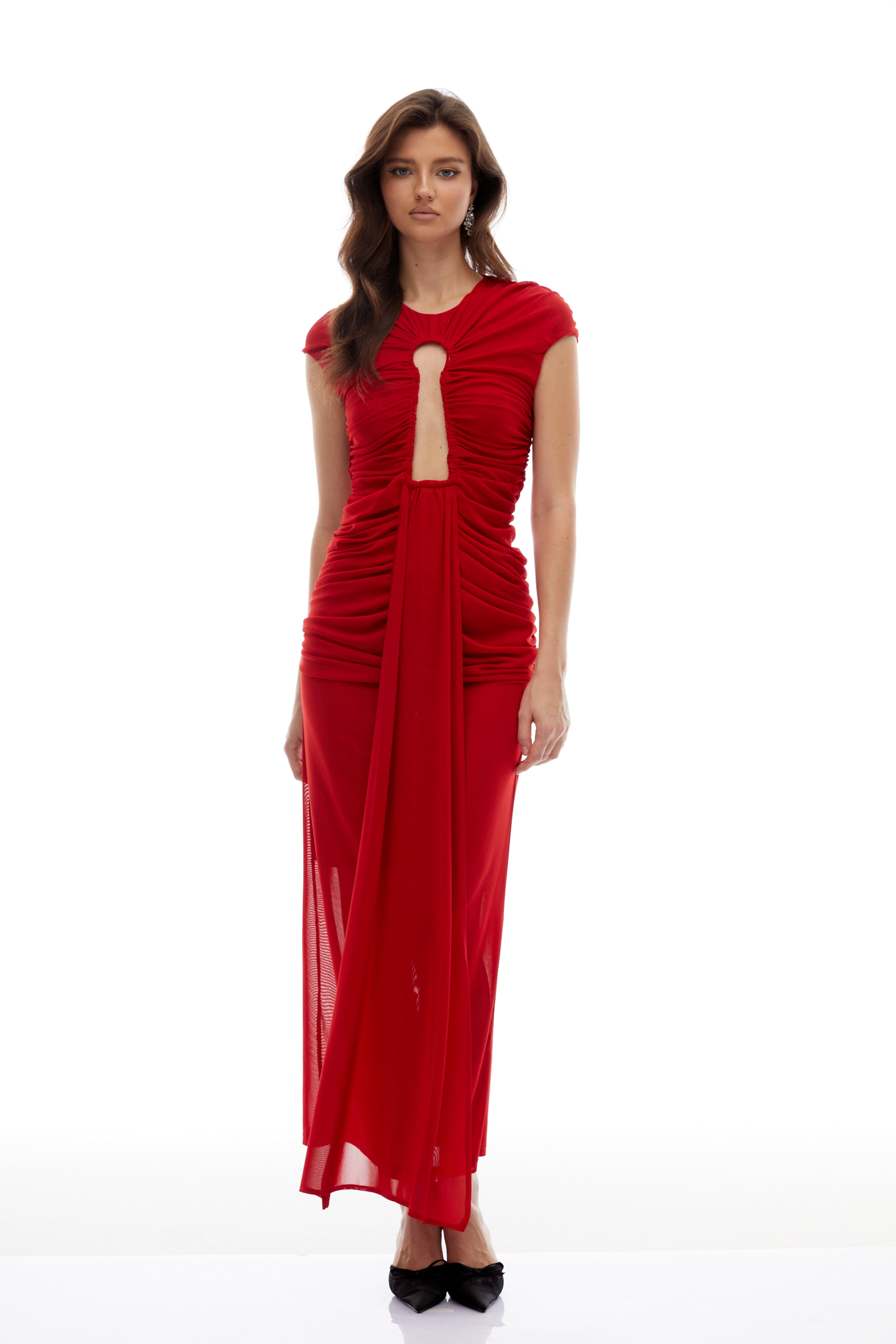Daniela Red Keyhole Ruched Maxi Dress