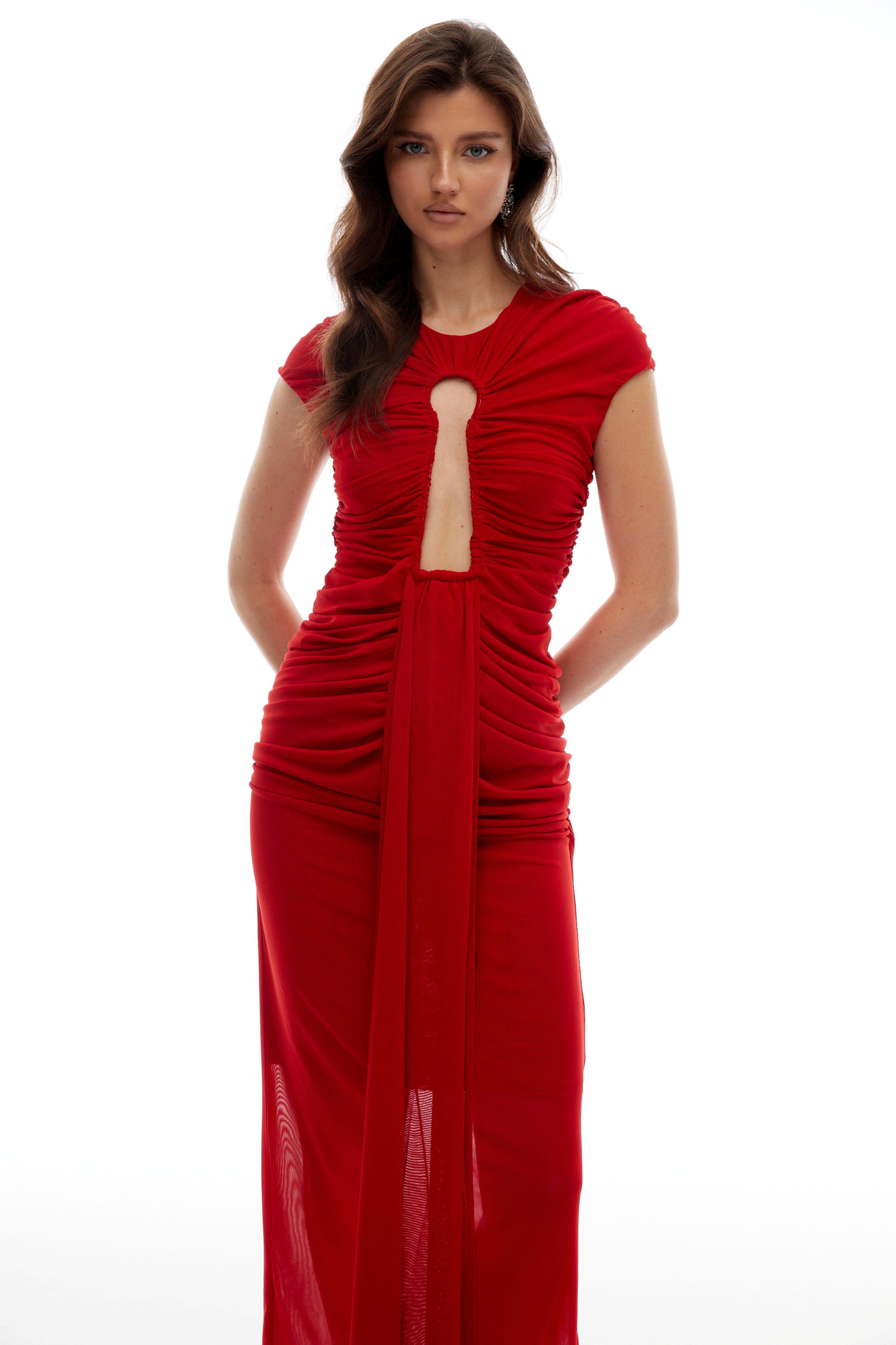 Daniela Red Keyhole Ruched Maxi Dress