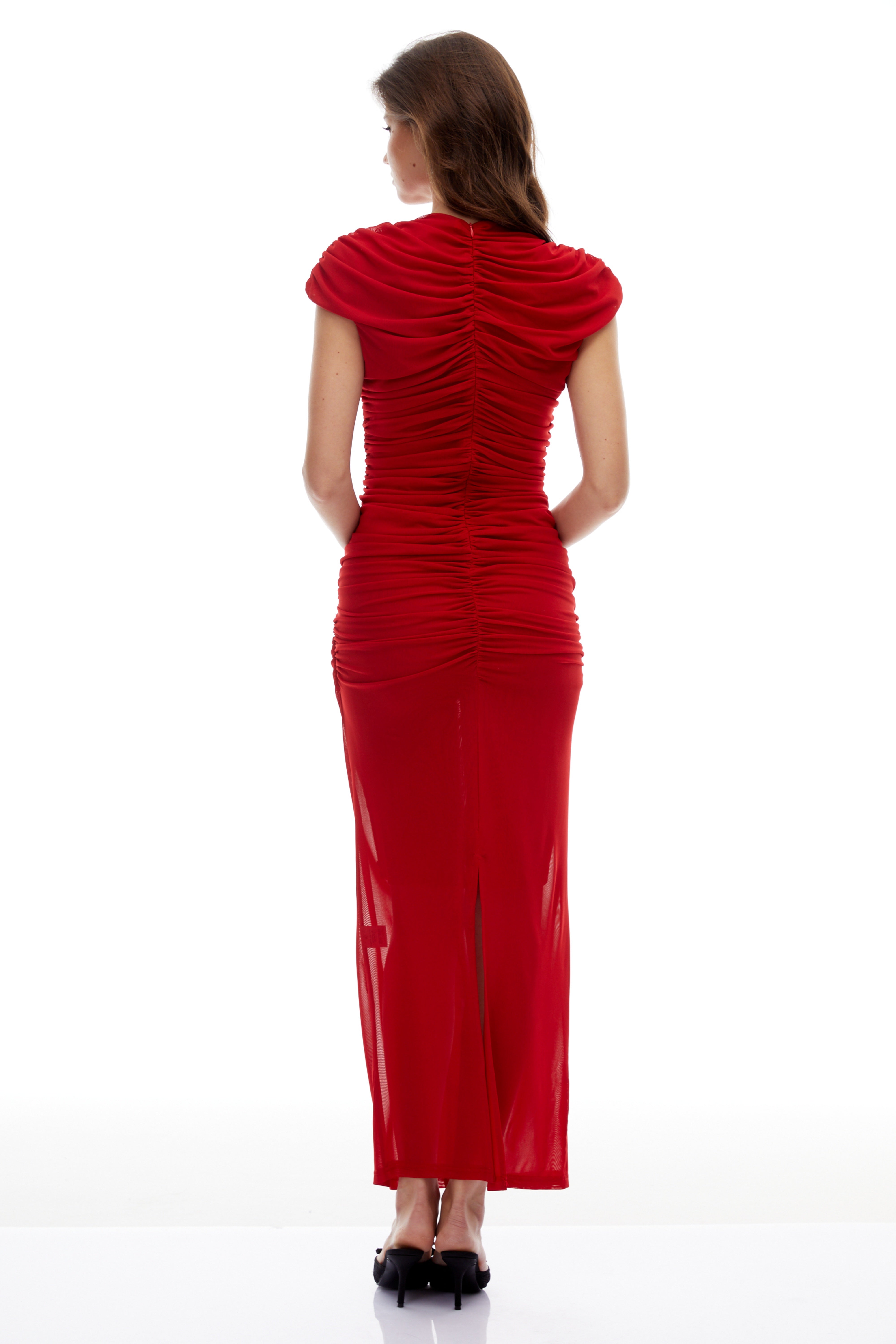 Daniela Red Keyhole Ruched Maxi Dress