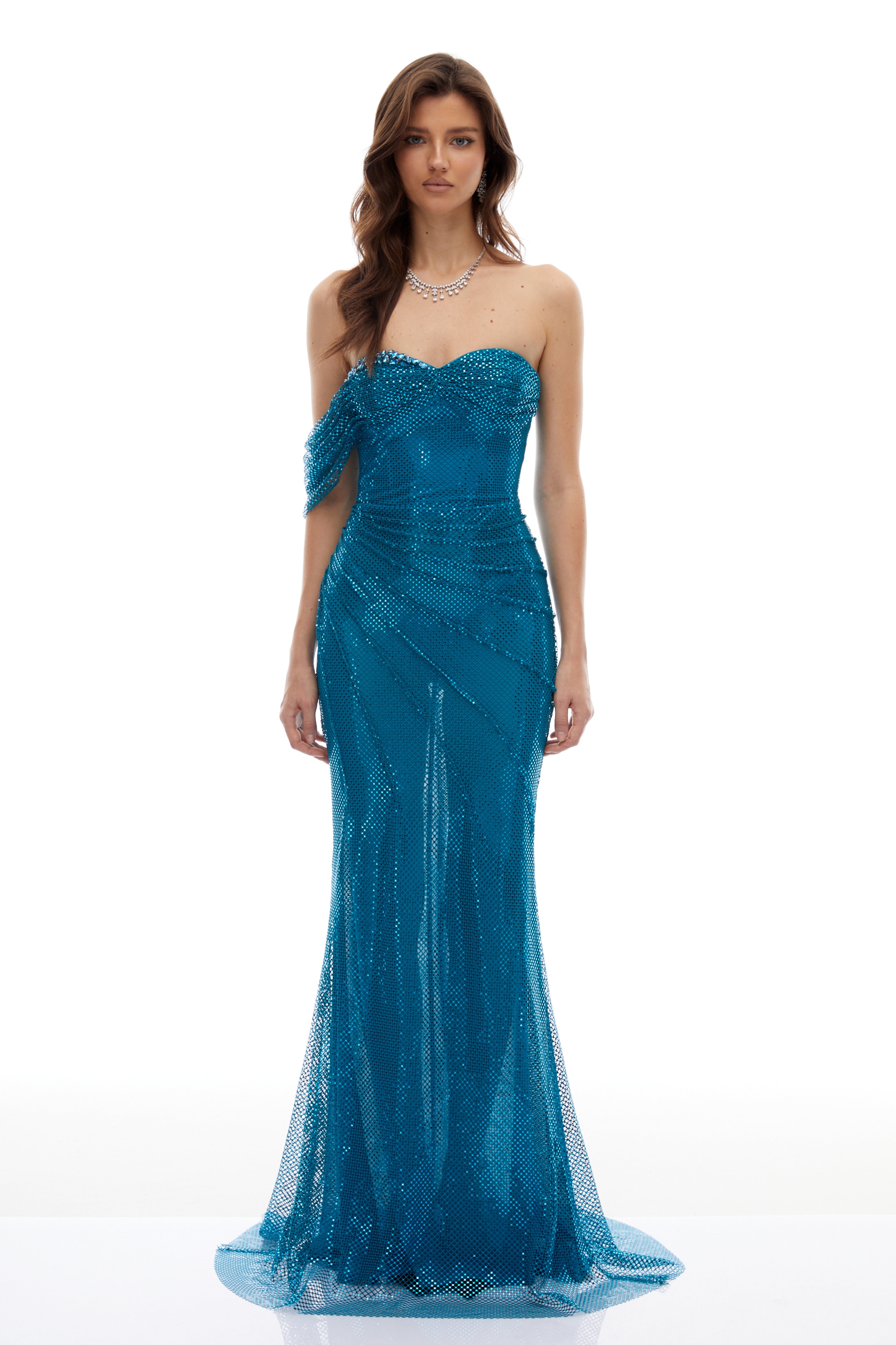 Lorraine Blue Sequined Gathered Maxi Gown