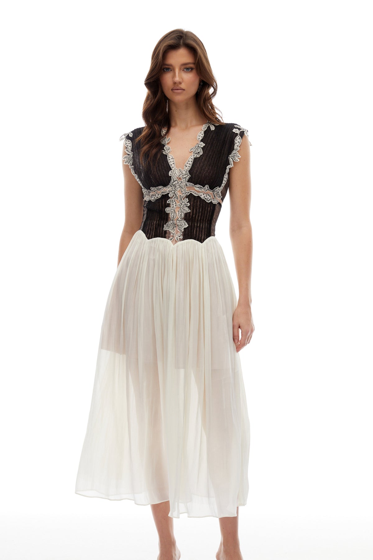Modesty Color Block Floral Appliqué Midi Dress