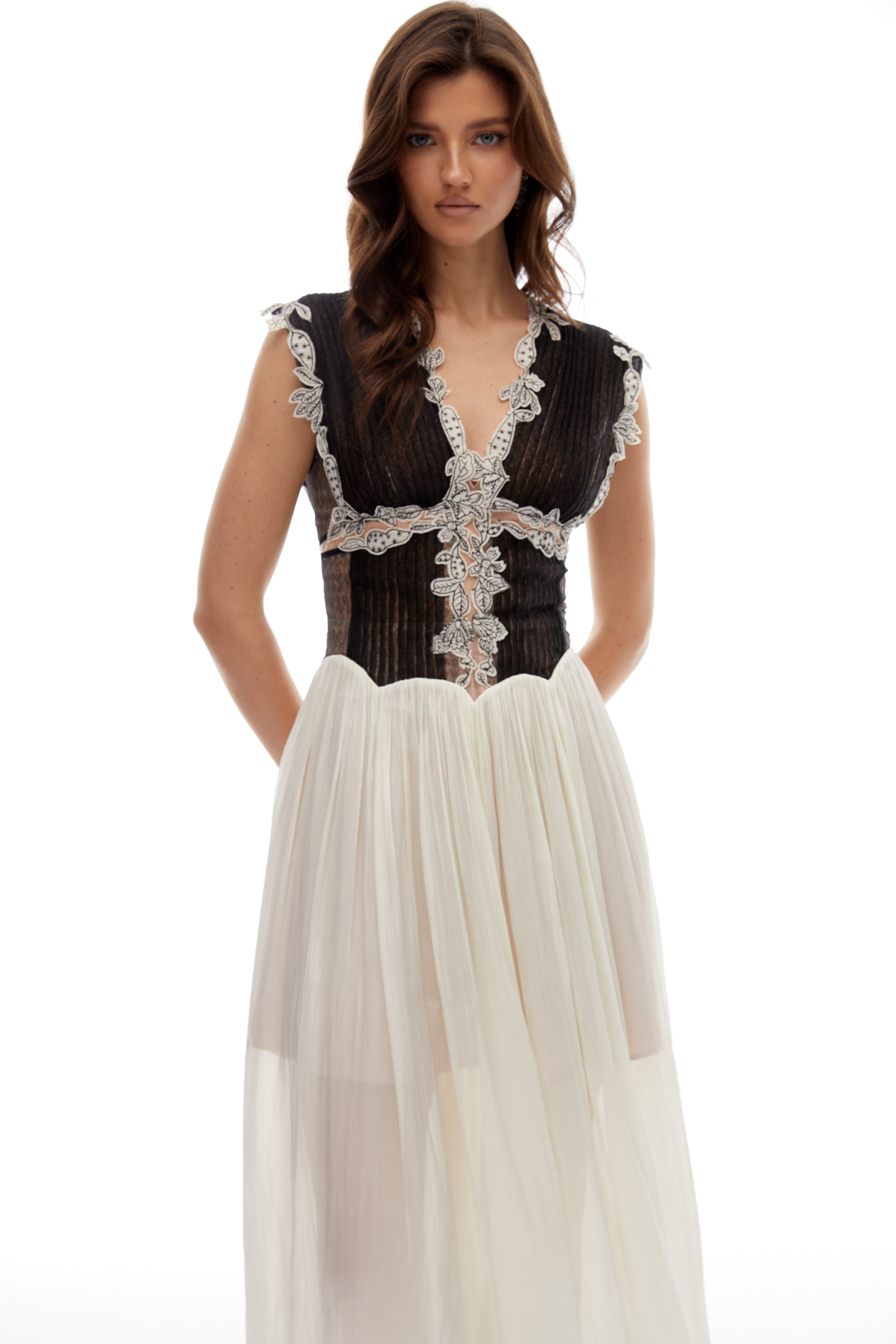 Modesty Color Block Floral Appliqué Midi Dress