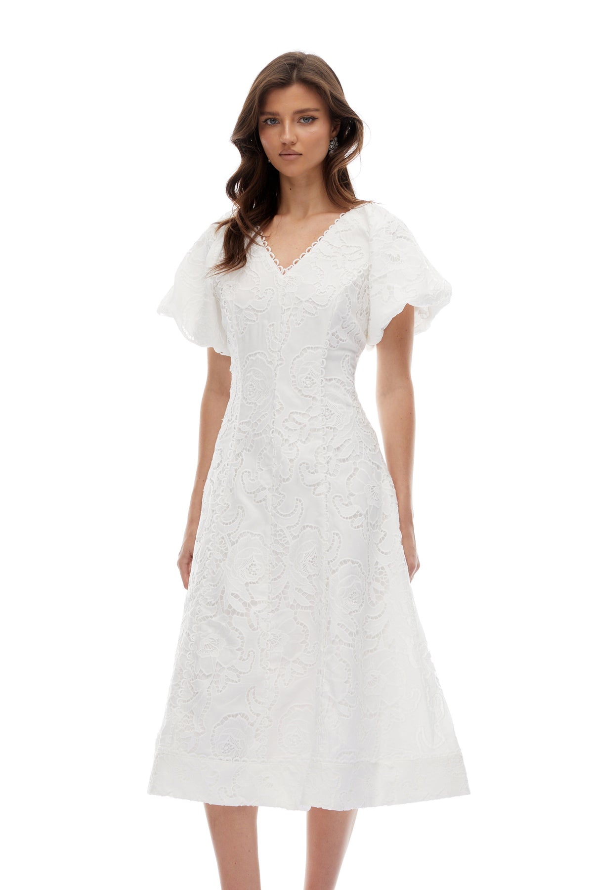 Renata White Floral Embroidered Lace Midi Dress