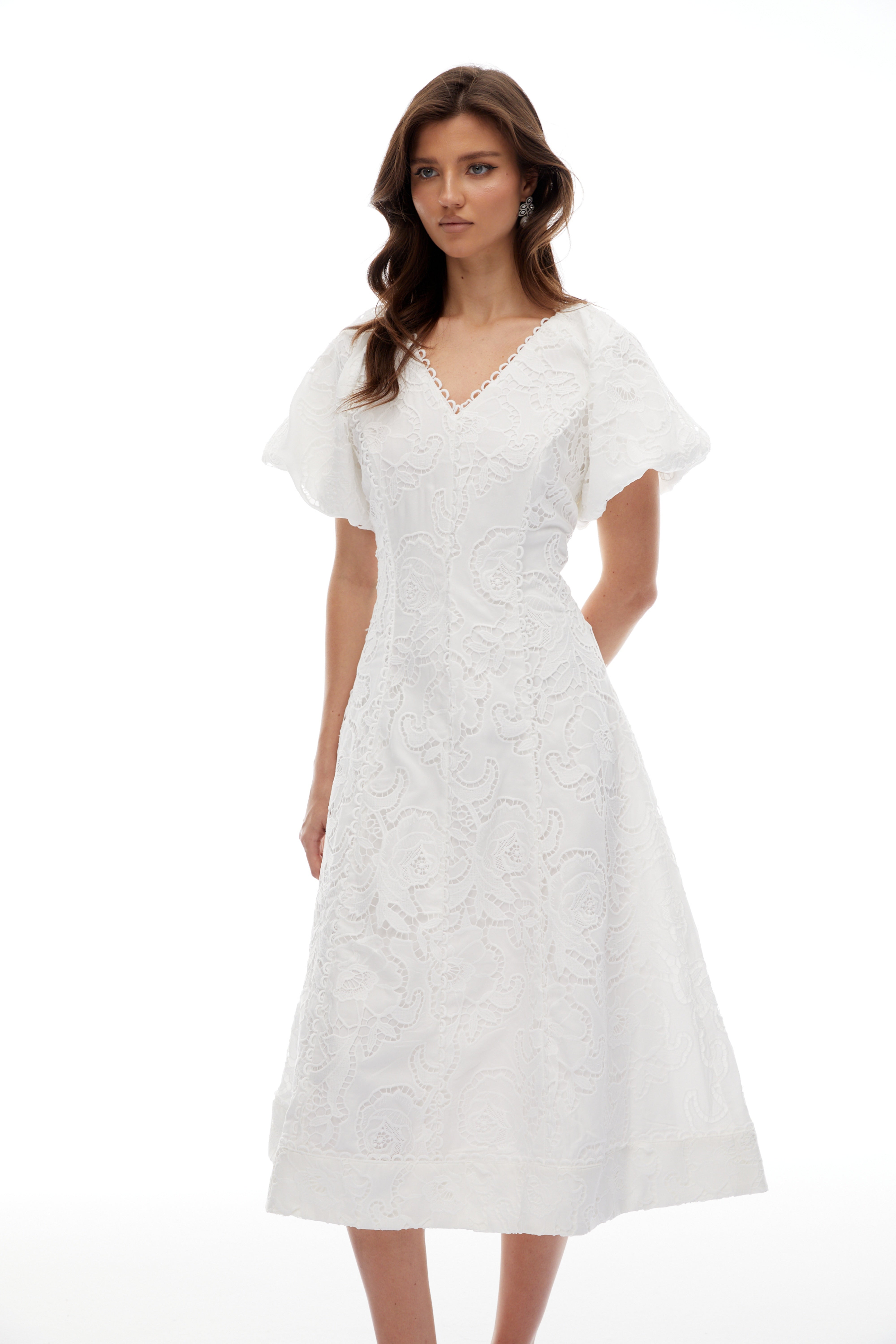 Renata White Floral Embroidered Lace Midi Dress