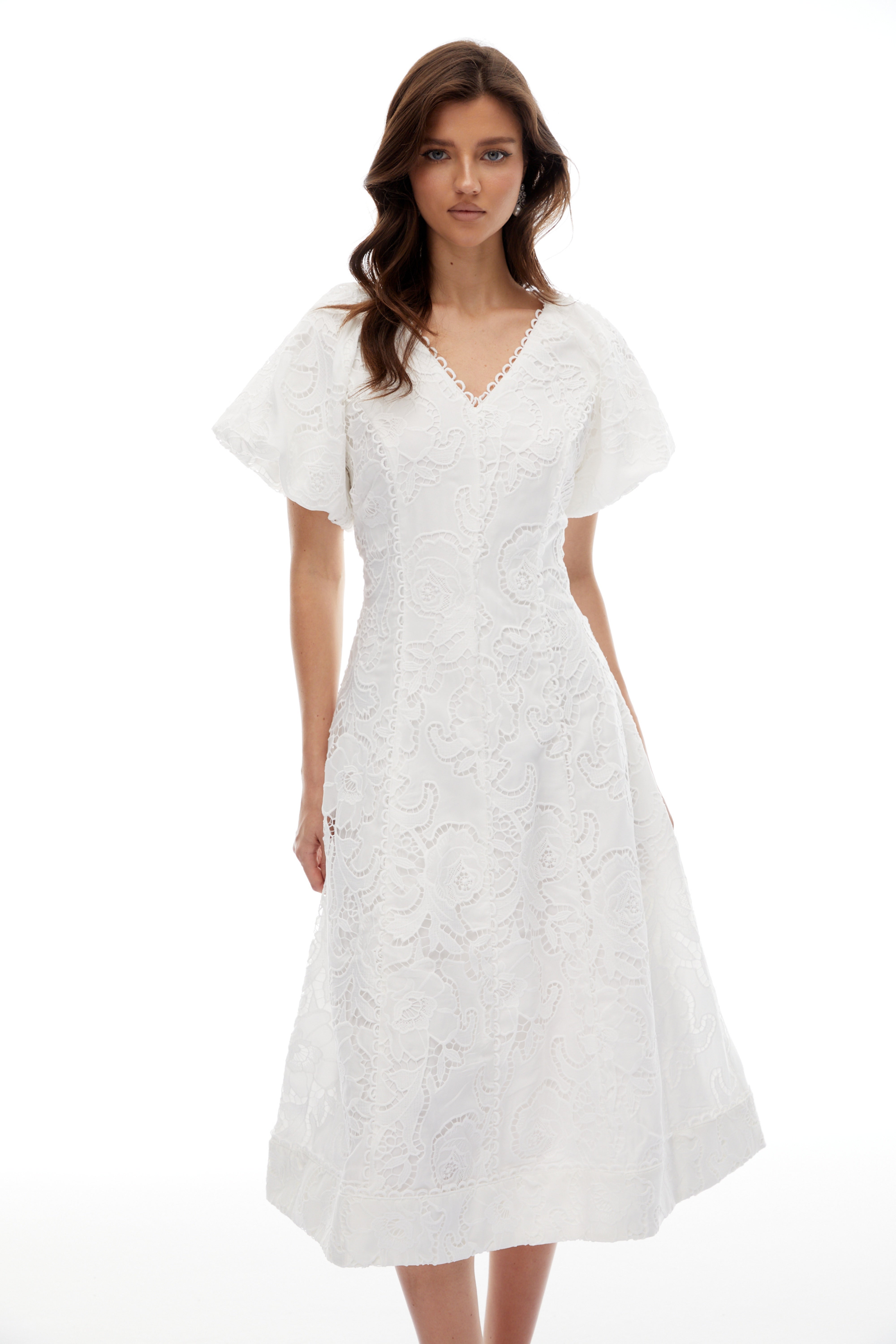 Renata White Floral Embroidered Lace Midi Dress