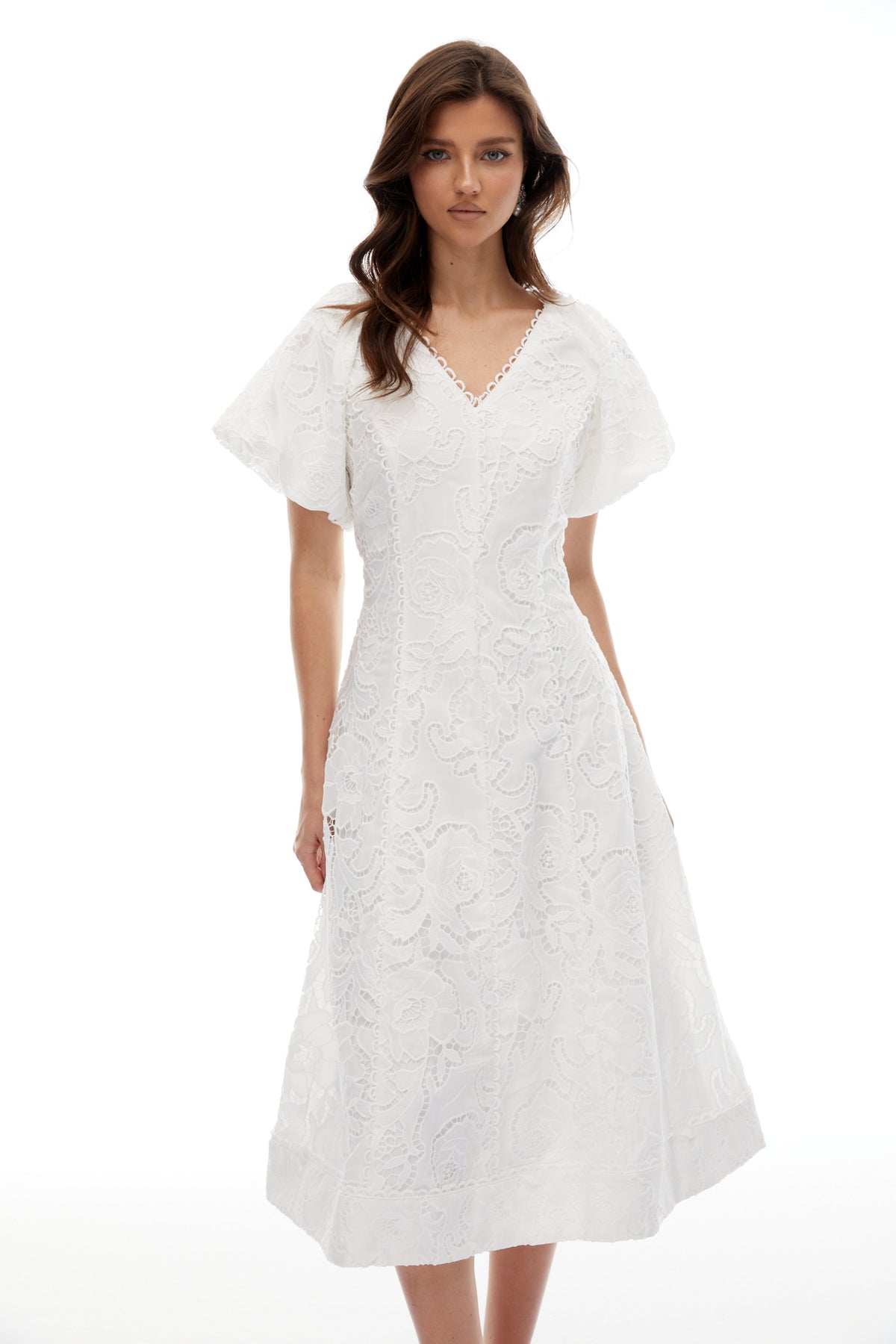 Renata White Floral Embroidered Lace Midi Dress
