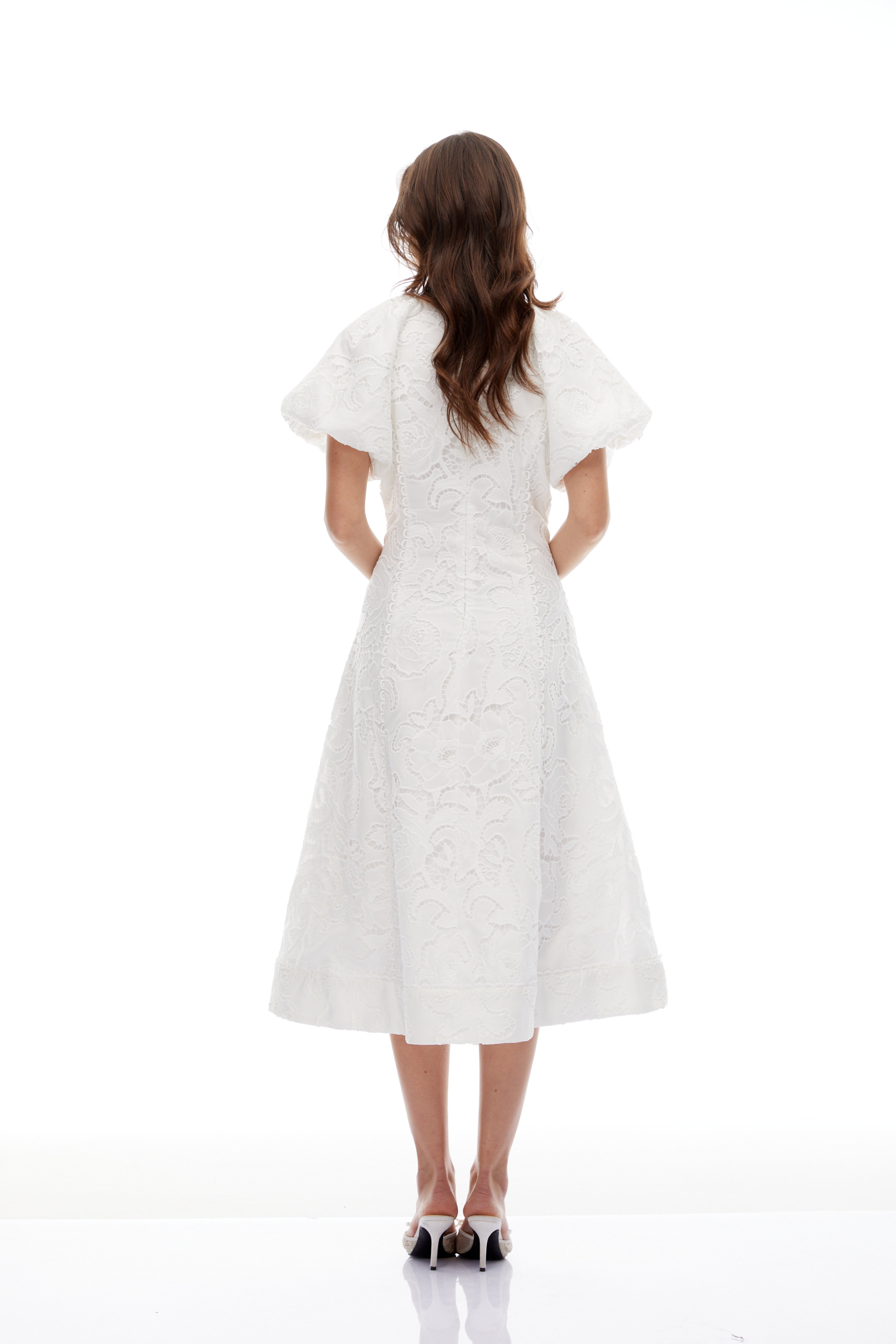 Renata White Floral Embroidered Lace Midi Dress