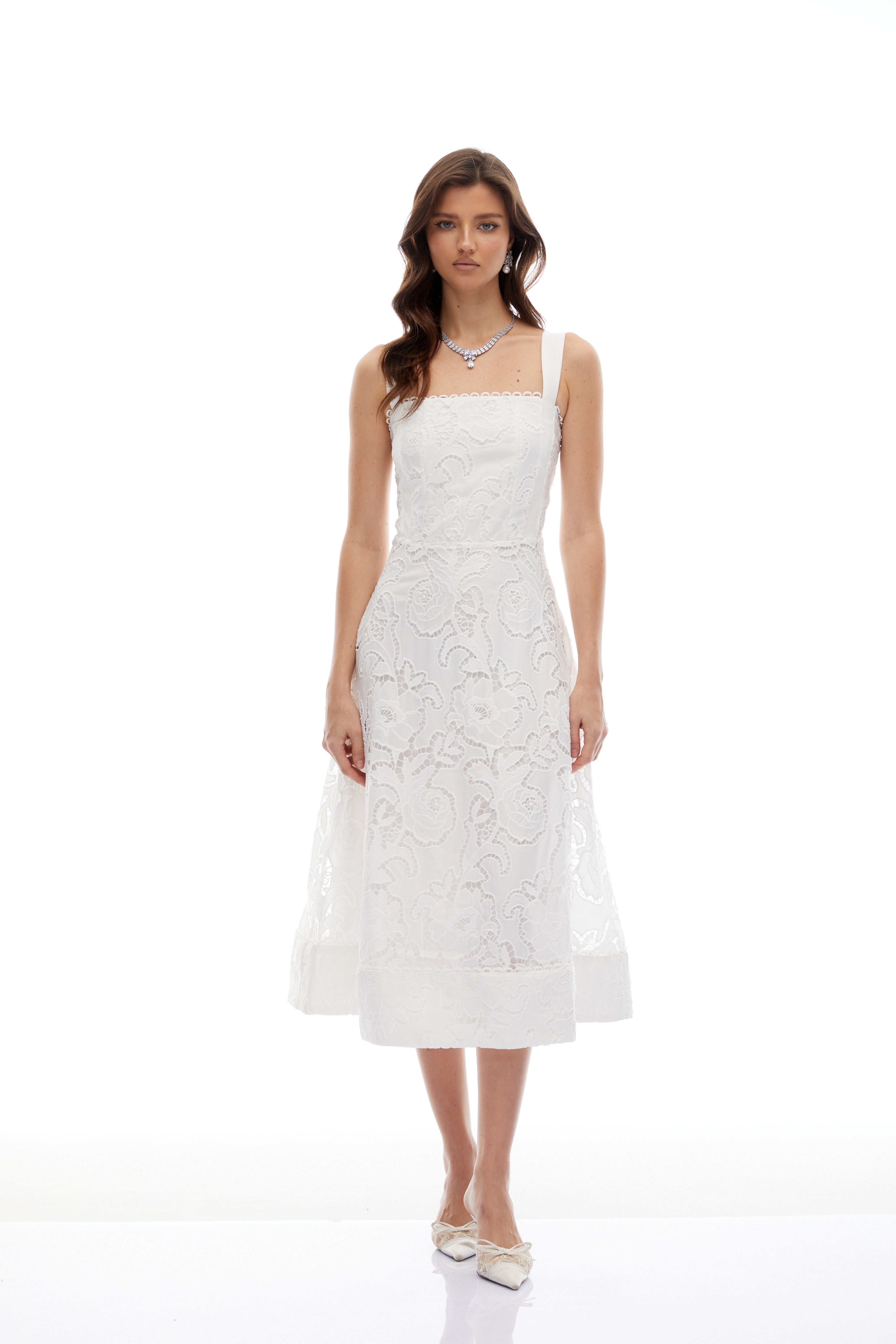 Genevieve White Floral Embroidered Lace Midi Dress
